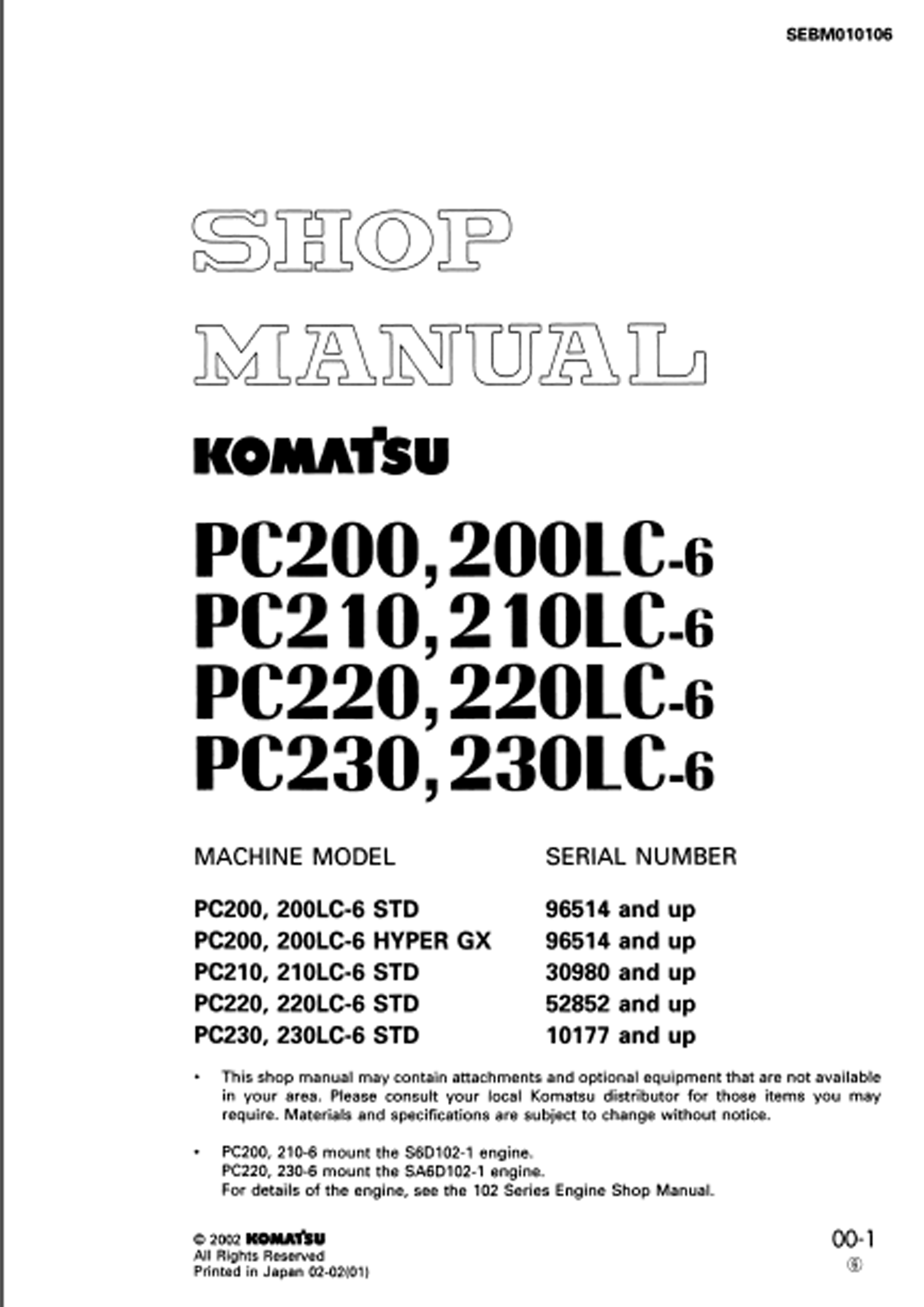 หนังสือ คู่มือซ่อม การถอดประกอบ จักรกลหนัก KOMATSU PC200, 200LC-6 PC200, 200LC-6 PC210, 210LC-6 PC220, 220LC-6 PC230, 230LC-6 (ทั้งคัน) EN