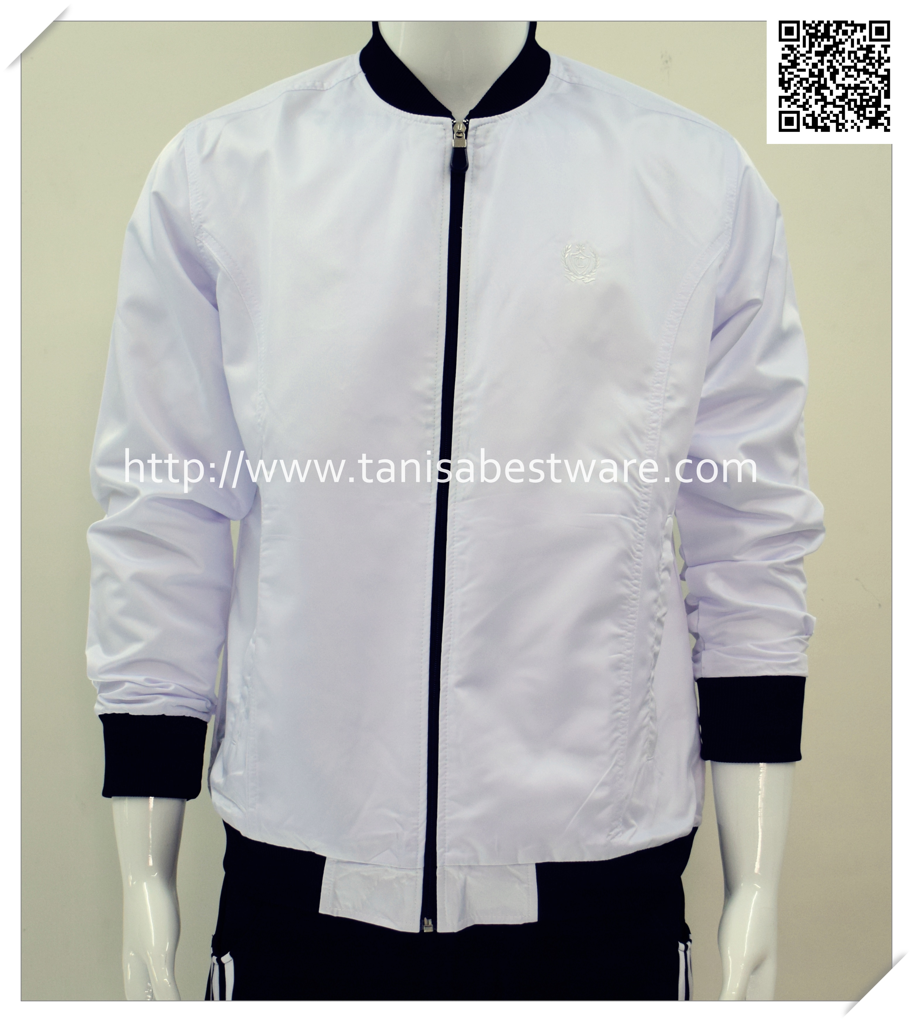 เสื้อแจ็คเก็ตผ้าร่ม สีขาว แต่งคอสีดำ แขนจั๊ม ชายจั๊ม คอวี เสื้อเบสบอล ซับในทั้งตัว คละไซร์ ใส่ได้ ชาย หญิง