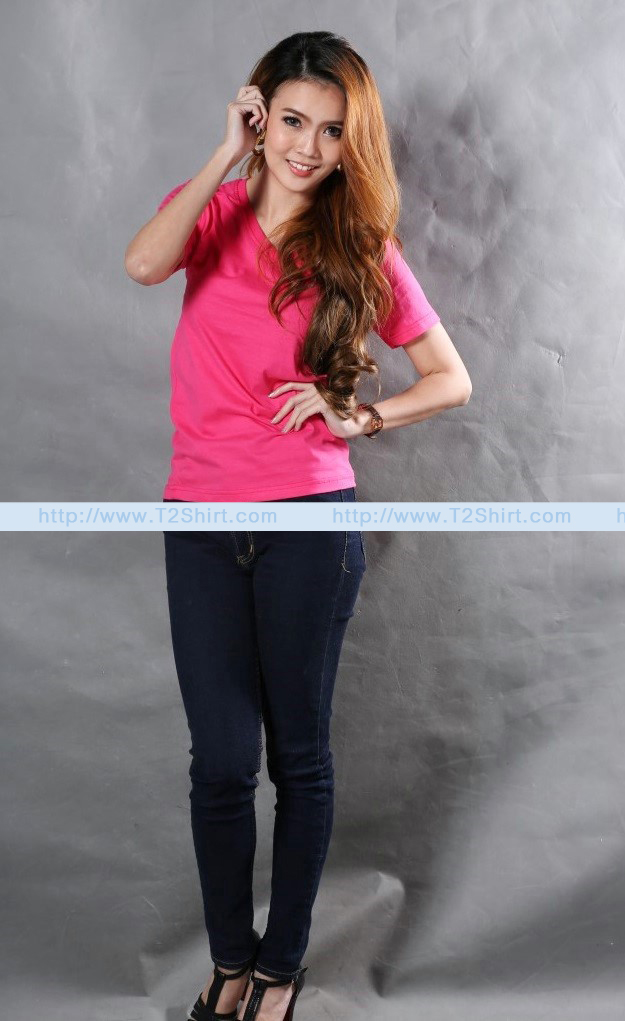 เสื้อยืด คอวี แขนสั้น สีชมพู Pinky Size XL