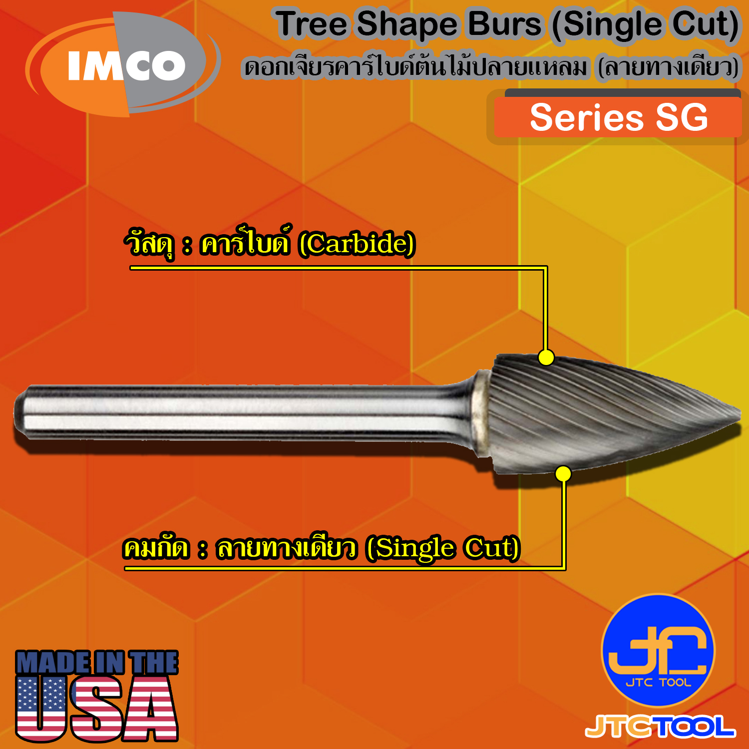 Imco ดอกเจียร์คาร์ไบด์ทรงต้นไม้ปลายแหลมลายทางเดียว รุ่น SG - Tree-Shape Radius Point-End Burs Single Cut Series SG