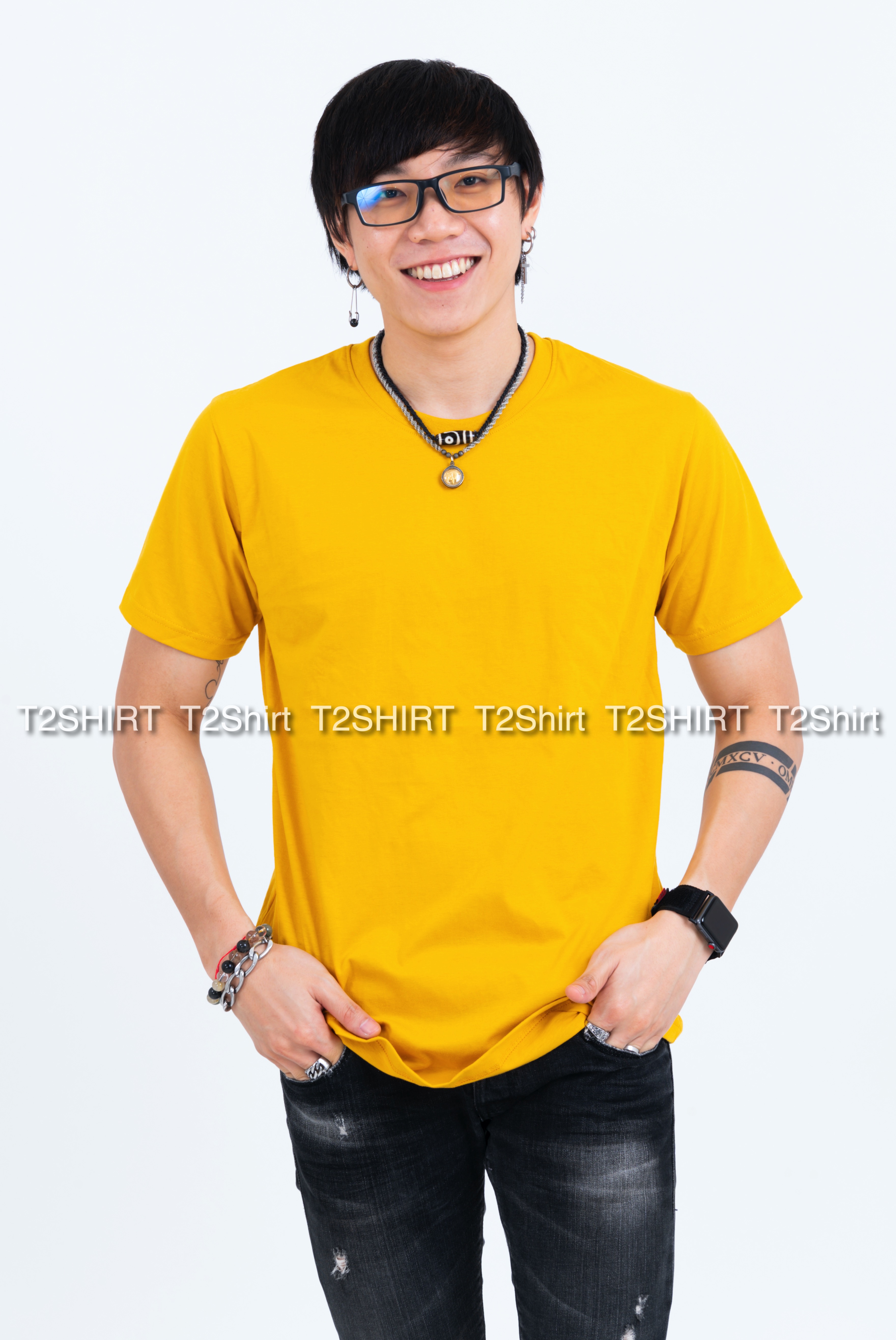 เสื้อยืด คอกลม แขนสั้น สีเหลืองมัสตาร์ด Size XL