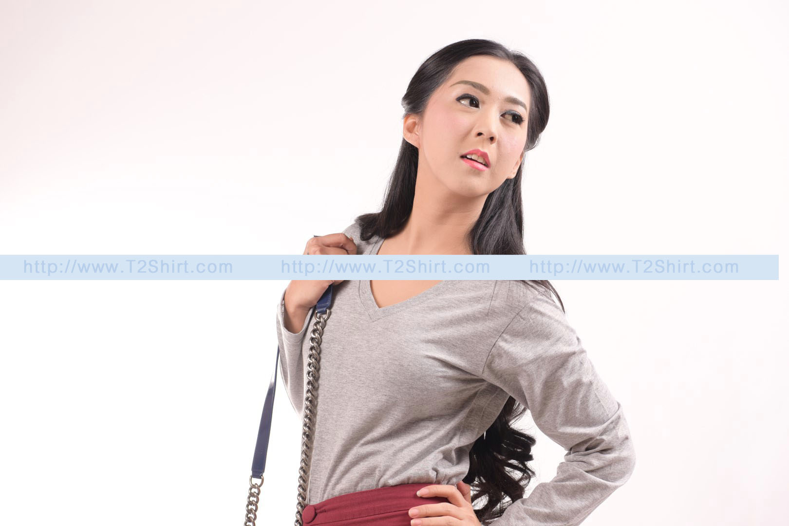 เสื้อยืด คอวี แขนยาว สีเทาท็อปดาย Size 2XL