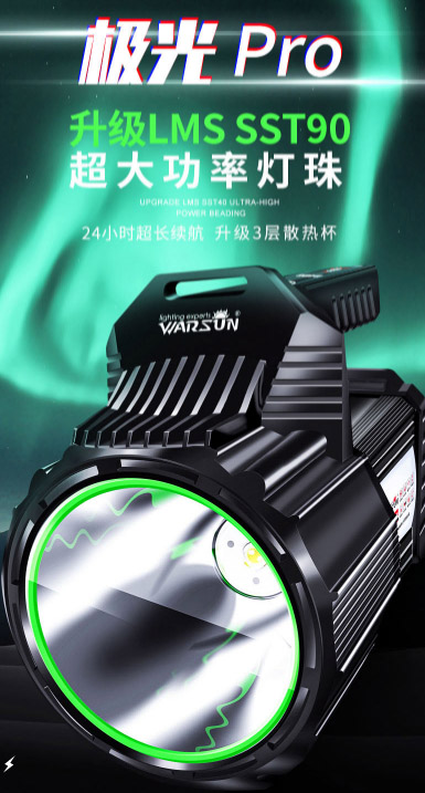 ไฟฉายสะพายแรงสูง แบบส่องไกล พร้อมโคมสีขาว และแดง Warsun D498 Black Upgrade Edition รุ่น 9000