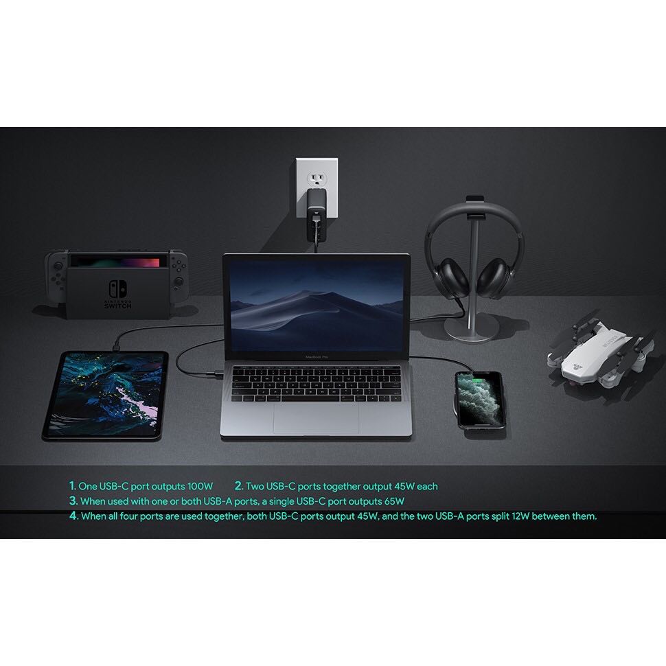 Adapter Aukey PA-B7 Omnia 100W 4-Port USB C Charger, PD Charger with GaNFast , USB C Laptop Charger Power Delivery