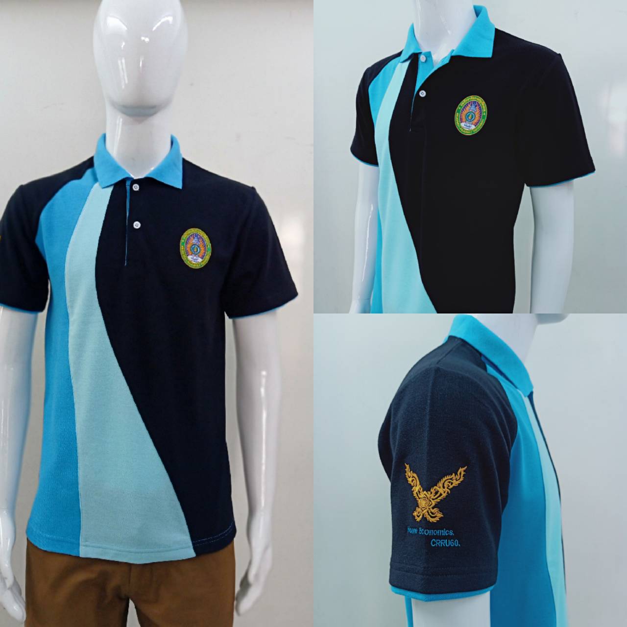 เสื้อโปโลโปตัดต่อ ดำ ฟ้า ปักตรามหาวิทลัยราชภัฎ