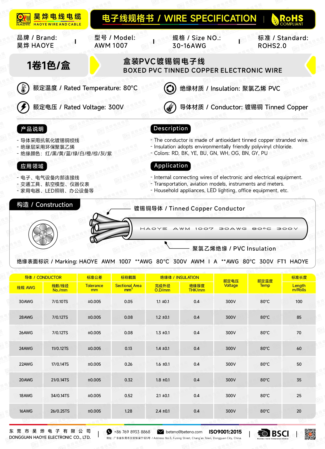 AWG24 UL1007 สายไฟอ่อน AWG เบอร์ 24 HOOK UP WIRE 300V ความยาว 200FT/60M