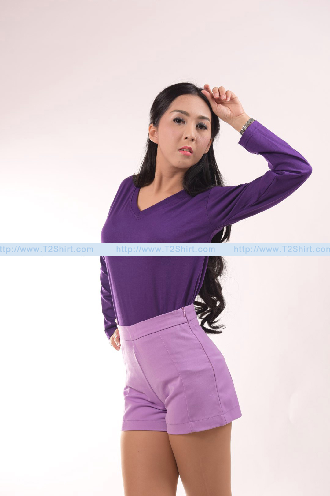 เสื้อยืด คอวี แขนยาว สีม่วงเข้ม Size M