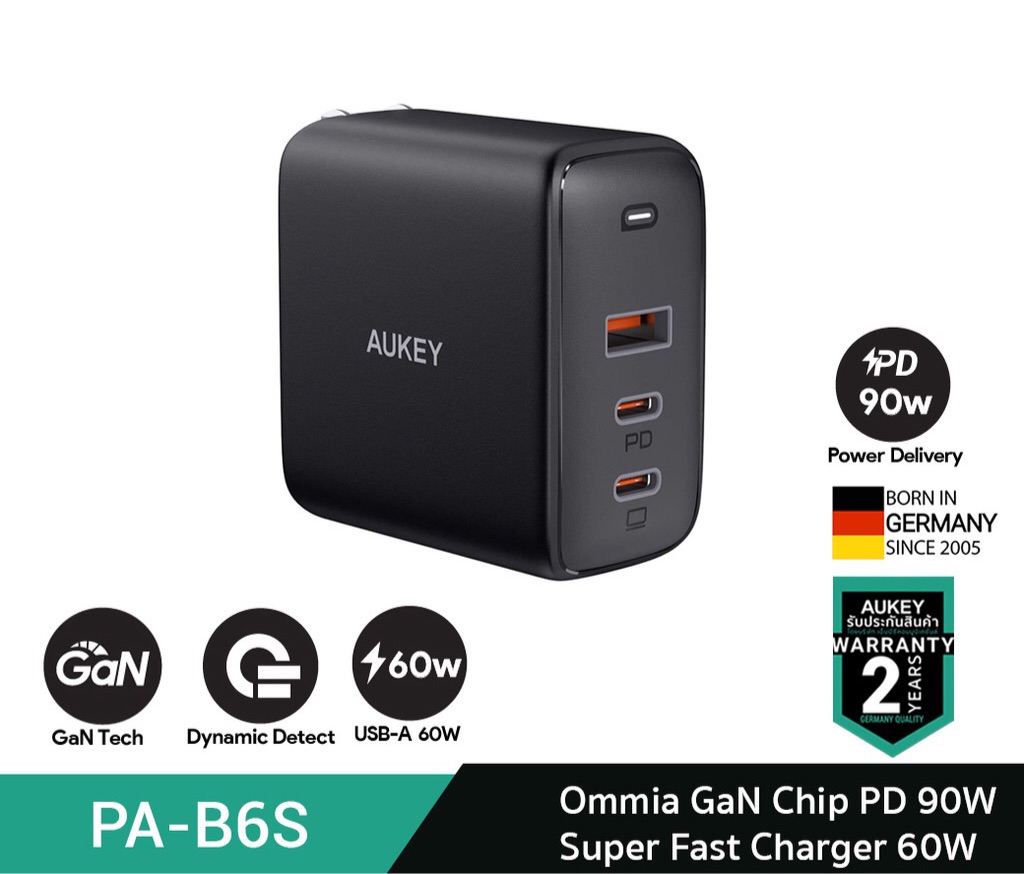 Adapter หัวชาร์จ Aukey PA-B6S Omnia 90W 3-Port Charger