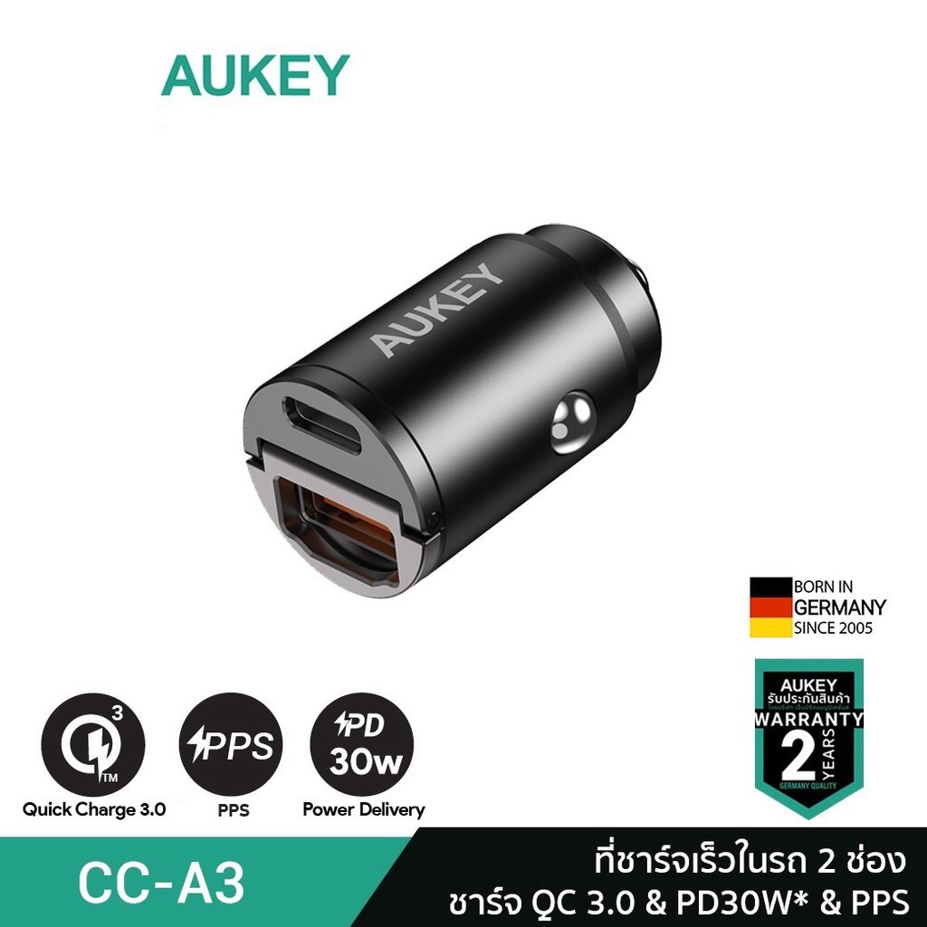AUKEY CC-A3 ที่ชาร์จเร็วในรถ USB-C Power Delivery 30W Metal Dual Port Fast Car Charger with PPS รุ่น CC-A3