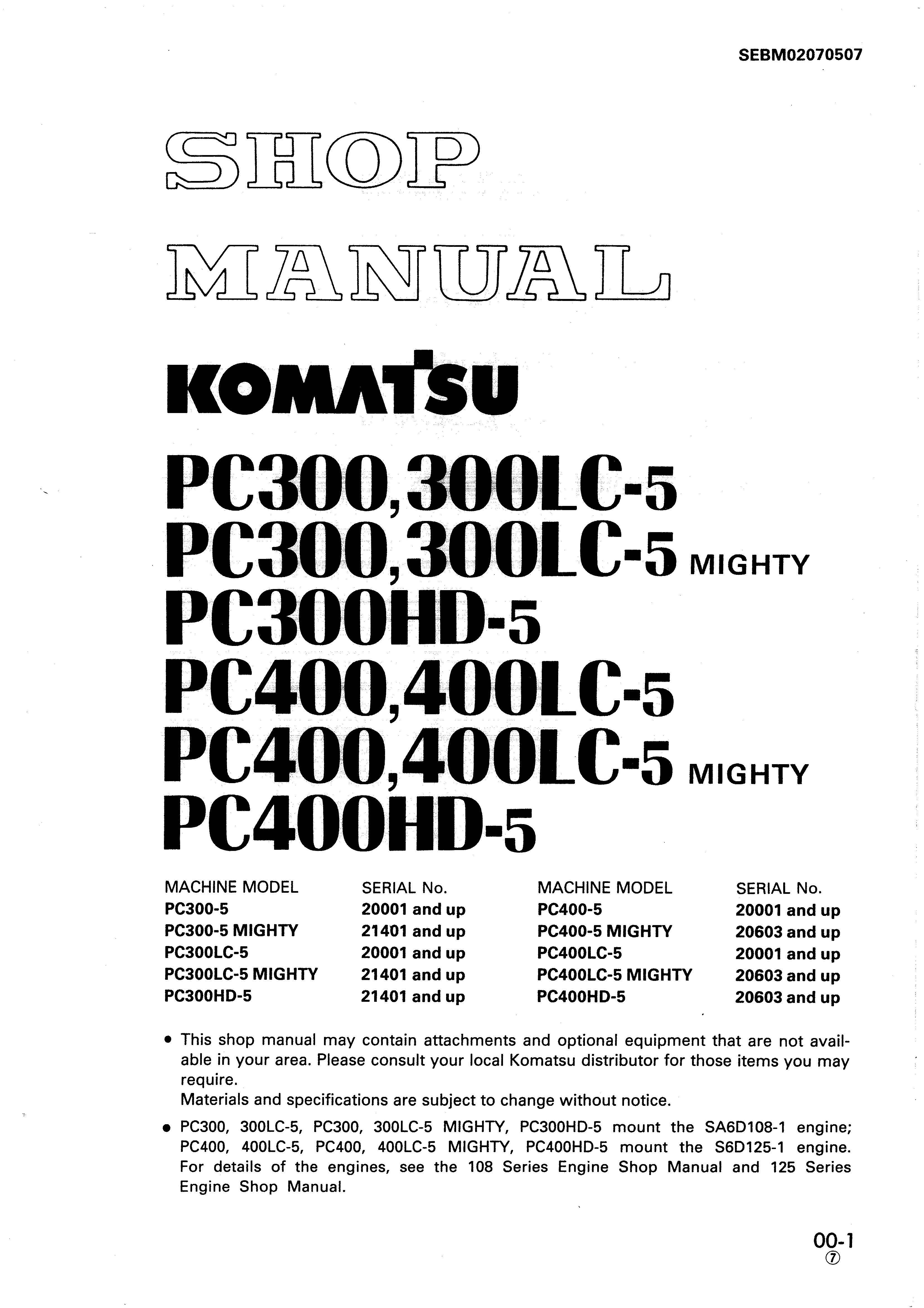 หนังสือ คู่มือซ่อม การถอดประกอบ จักรกลหนัก KOMATSU PC300-5, PC300LC-5, PC300-5, PC300LC-5 MIGHTY PC300HD-5, PC400-5,PC400LC-5, PC400-5,PC400LC-5 MIGHTY, PC400HD-5 (ทั้งคัน) EN