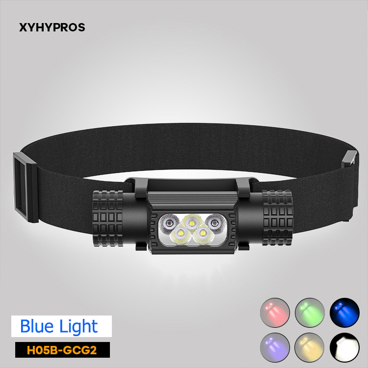 ไฟฉายคาดศีรษะแรงสูง XYHWPROS แบบ 3 หลอด G2 พร้อมแสงสีน้ำเงิน 2 หลอด รุ่น H05B-GCG2 พร้อมแบตเตอรี่ 18650 2 ก้อน ขนาด 2000 mah
