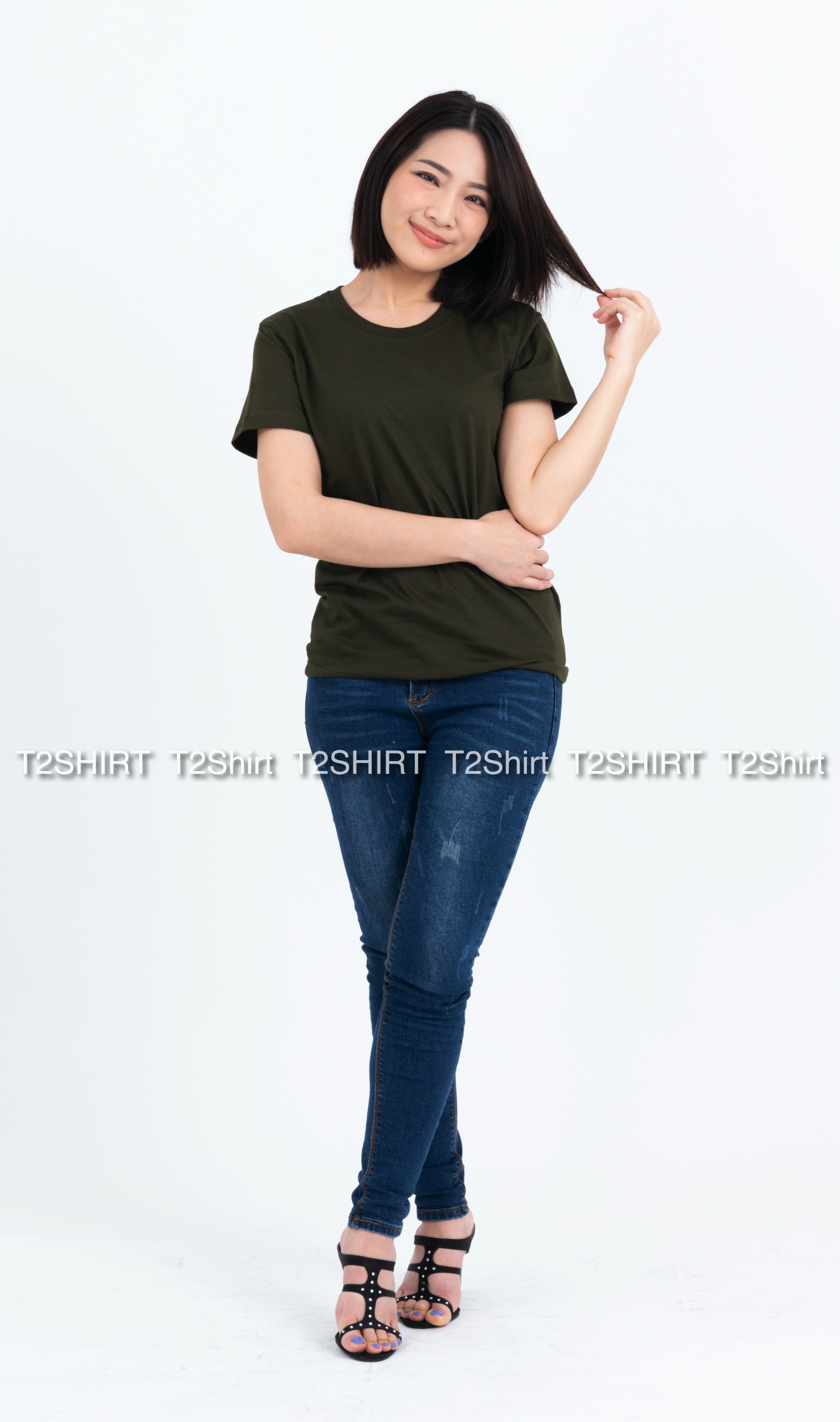 เสื้อยืด คอกลม แขนสั้น สีเขียวขี้ม้า Size 4XL