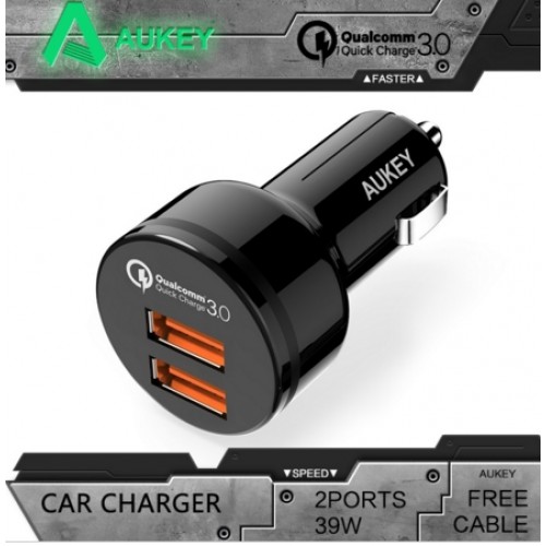 ที่ชาร์จในรถ Aukey 2-Port USB Car Charger with PowerAll (QC 3.0 + QC 2.0 + AIPower) + แถมสาย Aukey USB (CC-T8)