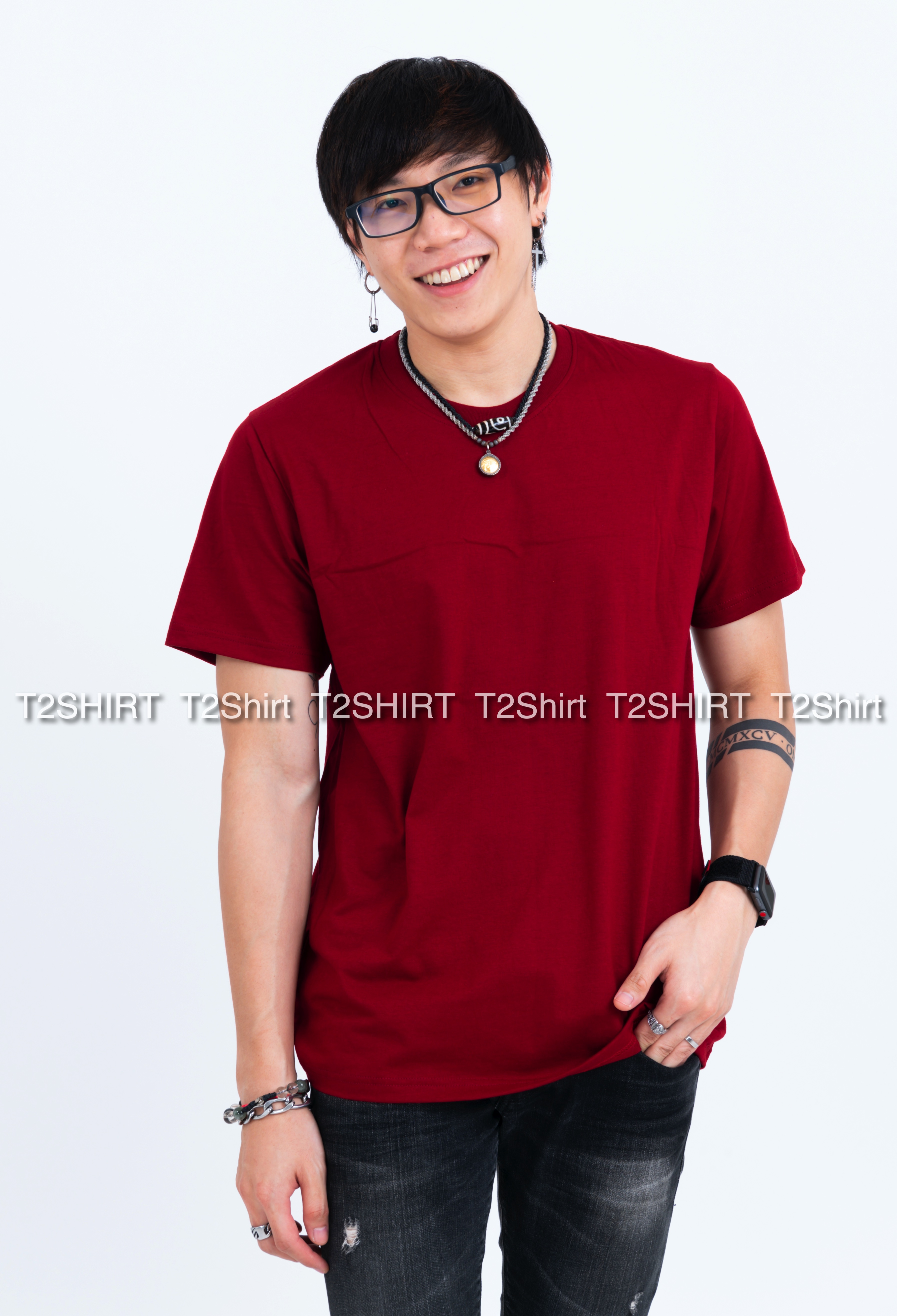 เสื้อยืด คอกลม แขนสั้น สีเลือดหมู Size 4XL