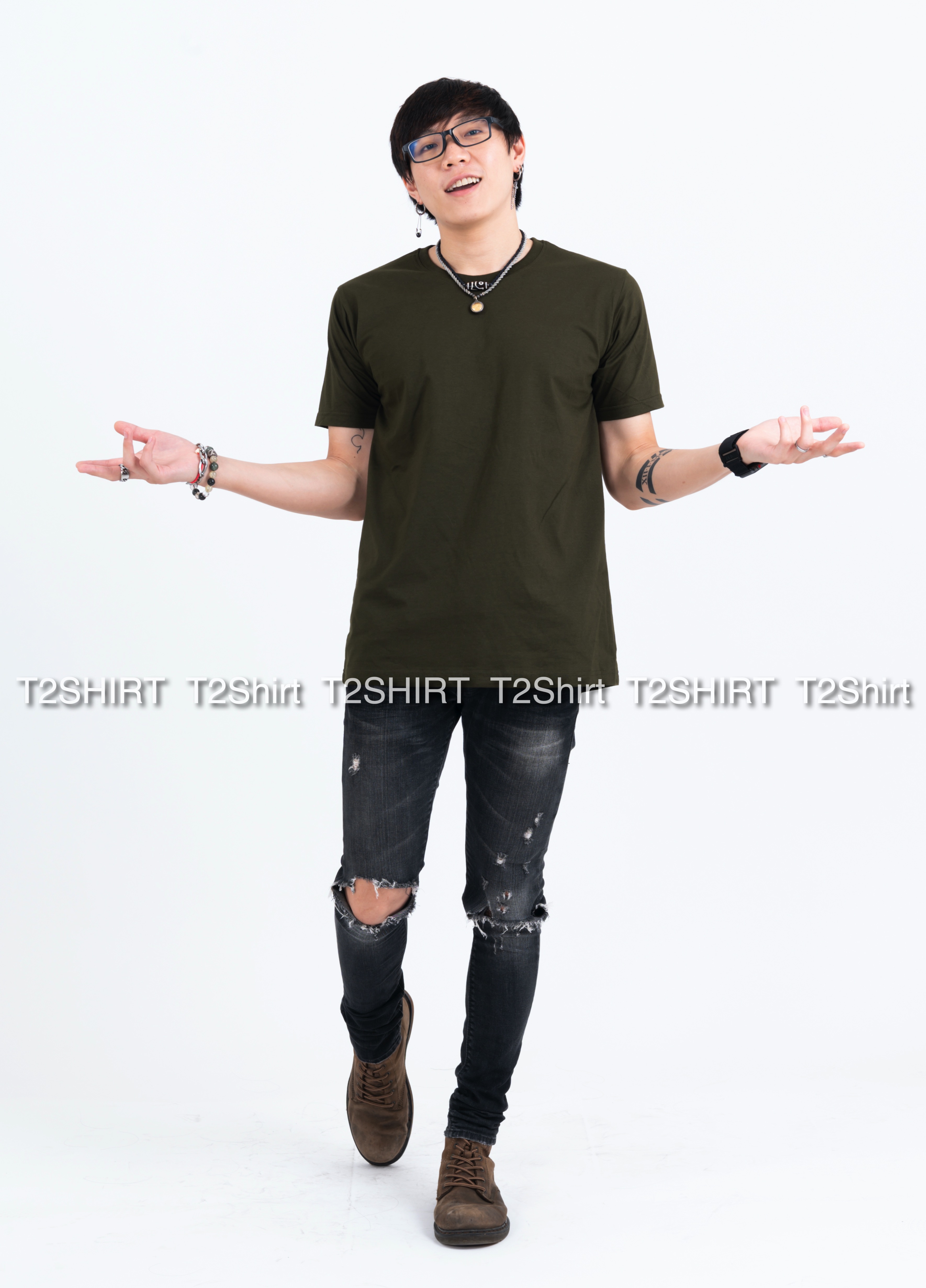 เสื้อยืด คอกลม แขนสั้น สีเขียวขี้ม้า Size 4XL