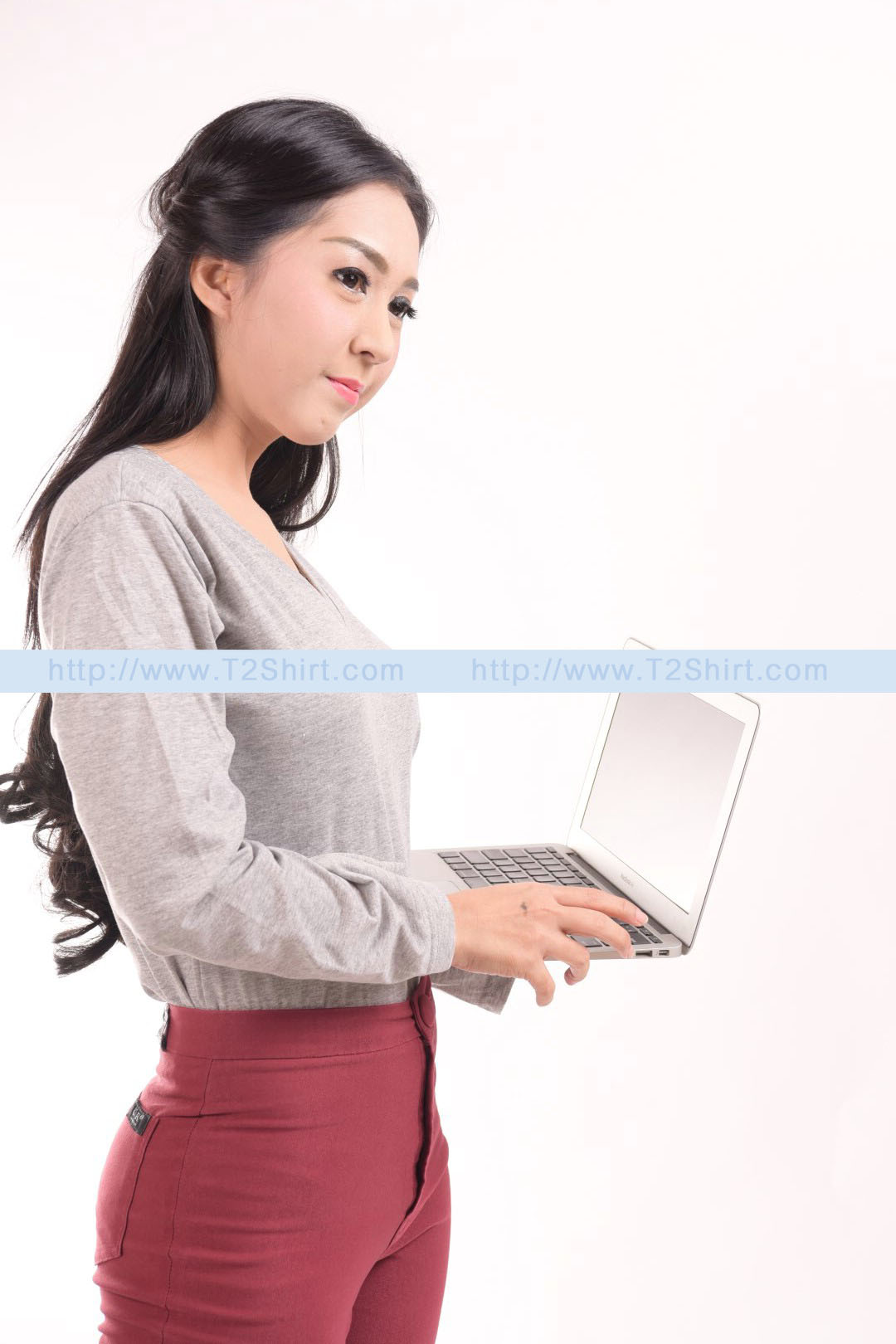 เสื้อยืด คอวี แขนยาว สีเทาท็อปดาย Size XL