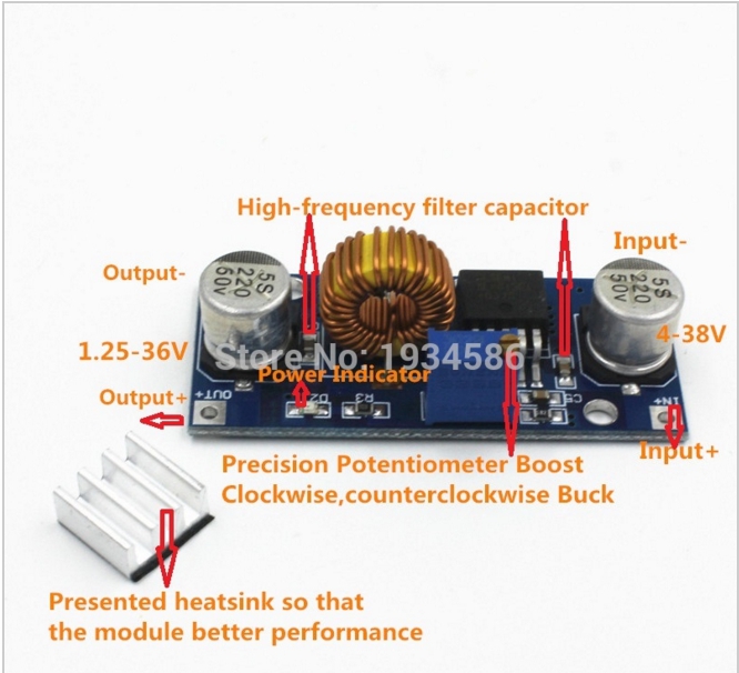 XL4015 Adjustable Buck Module แปลงไฟลงจาก DC 4-38V เป็น 1.25-36V 5A พร้อม Heatsink