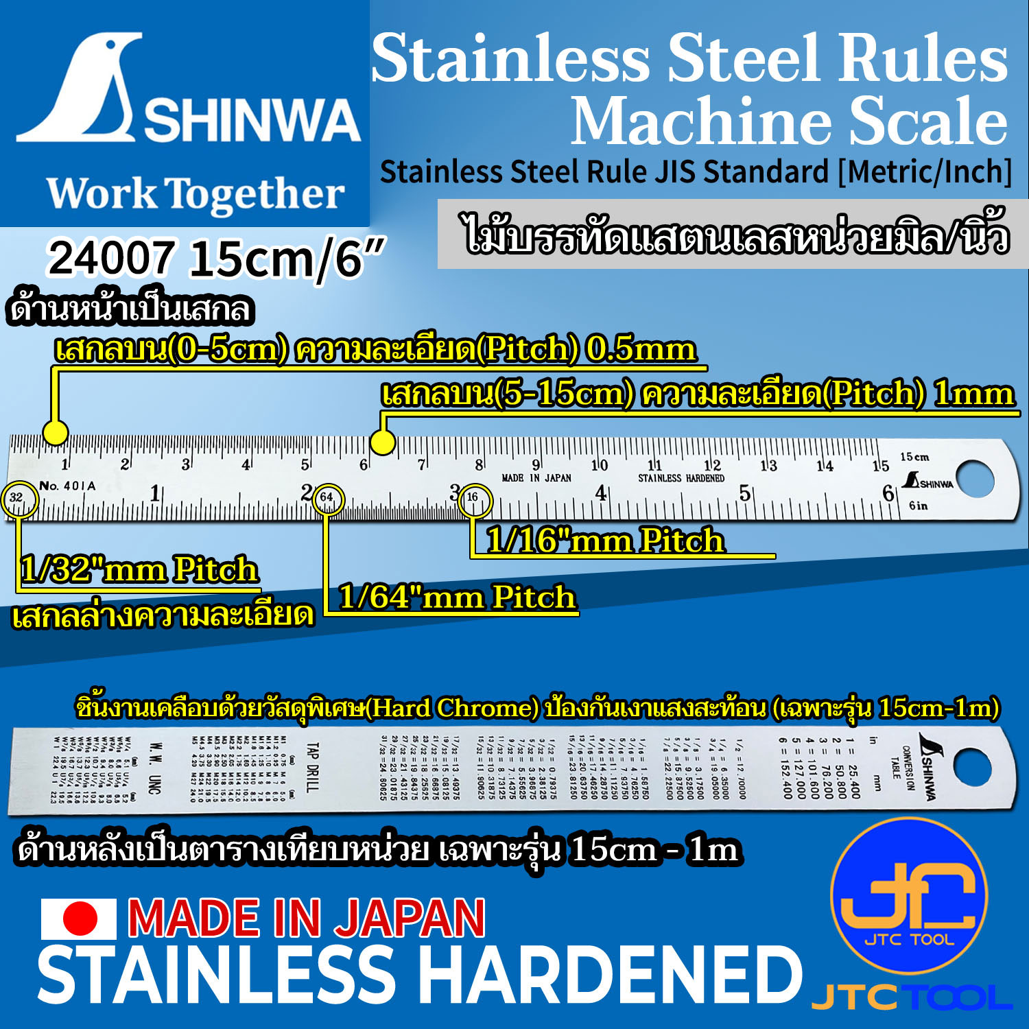 Shinwa ไม้บรรทัดสแตนเลสหน่วยมิลและนิ้ว - Stainless Steel Rule Metric / Inch