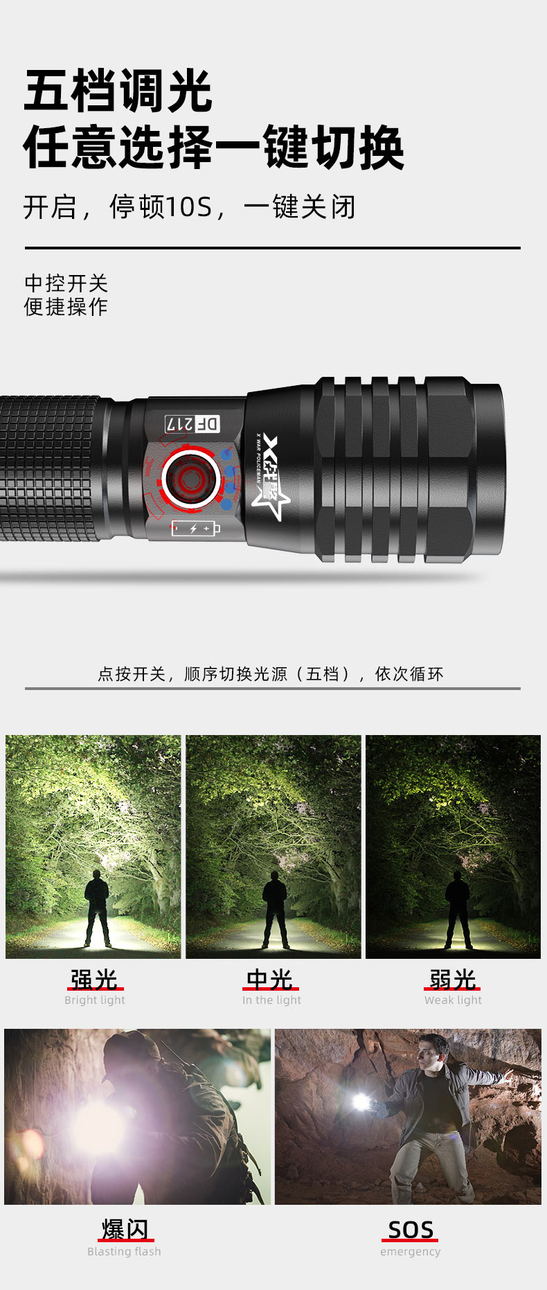 ไฟฉายแรงสูงขนาดกลาง แบบขยายได้ ขนาดกระชับมือ Warsun PF-217 หลอด HP15 LED รวมแบตเตอรี่ 21700 2 ก้อน