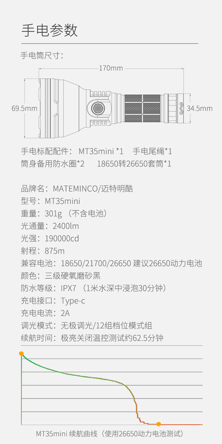 ไฟฉายพกพาขนาดกลาง แบบส่องไกล Mateminco MT-35 Mini