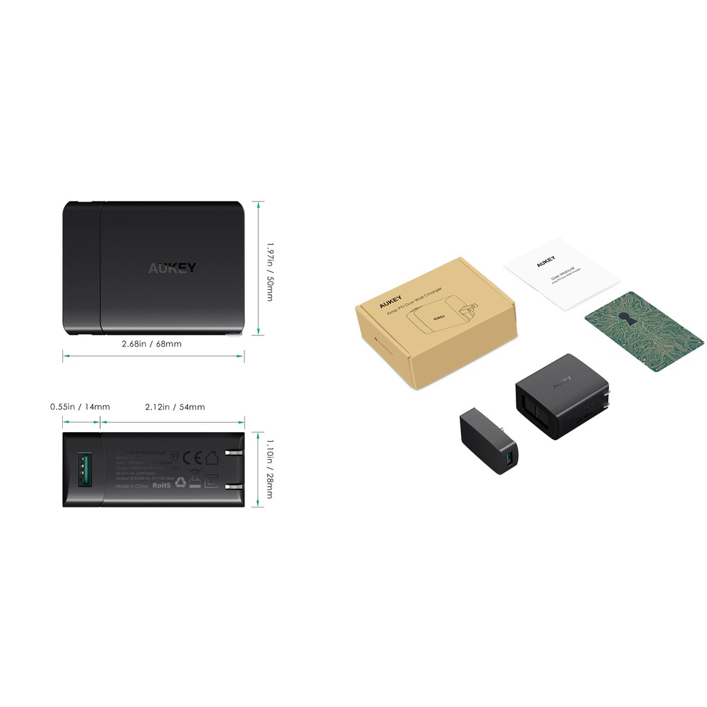 Adapter Aukey 29W PD2.0 USB-C or USB-A (2ports) USB-TypeC with AiPower Port Wall Charger with Power Delivery 2.0 (PA-Y7)