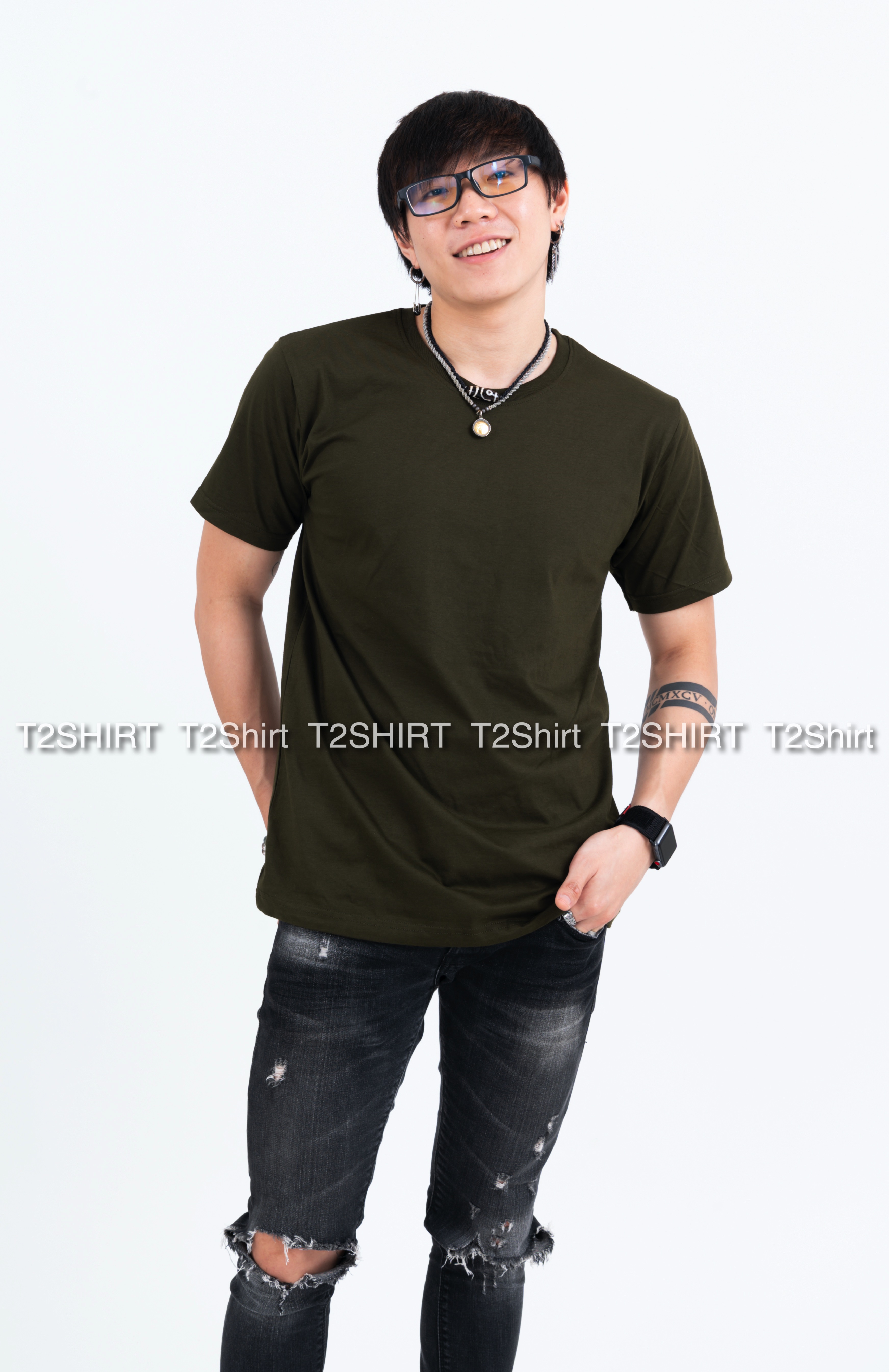 เสื้อยืด คอกลม แขนสั้น สีเขียวขี้ม้า Size 4XL