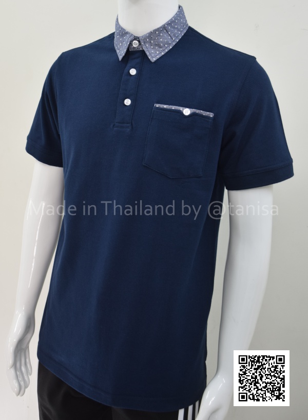 เสื้อโปโลผู้ชายสีกรมท่า ผ้าค้อตต้อน คอเชิ้ตผ้าลาย มีกระเป๋า ปกโปโล ไซร์ M ถึง XXXL งานสังผลิต