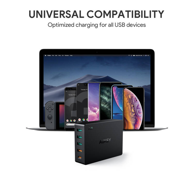 Adapter Aukey ชาร์จเร็ว ( 5 Port | PD | QC 3.0 | Fast Charger | GaN | 63W ) - Black