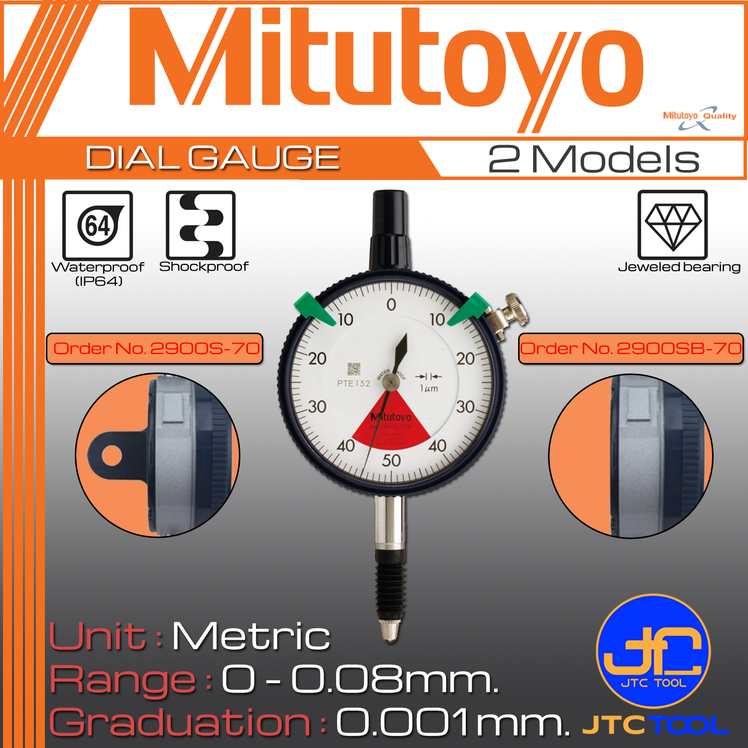 Mitutoyo ไดอัลเกจกันน้ำ ขนาด 0-0.08มิล ความละเอียด 0.001มิล รุ่น 2900S-70 และ 2900SB-70 - Dial gauge Waterproof type Range 0-0.08mm. Graduation 0.001mm. No. 2900S-70 and 2900SB-70