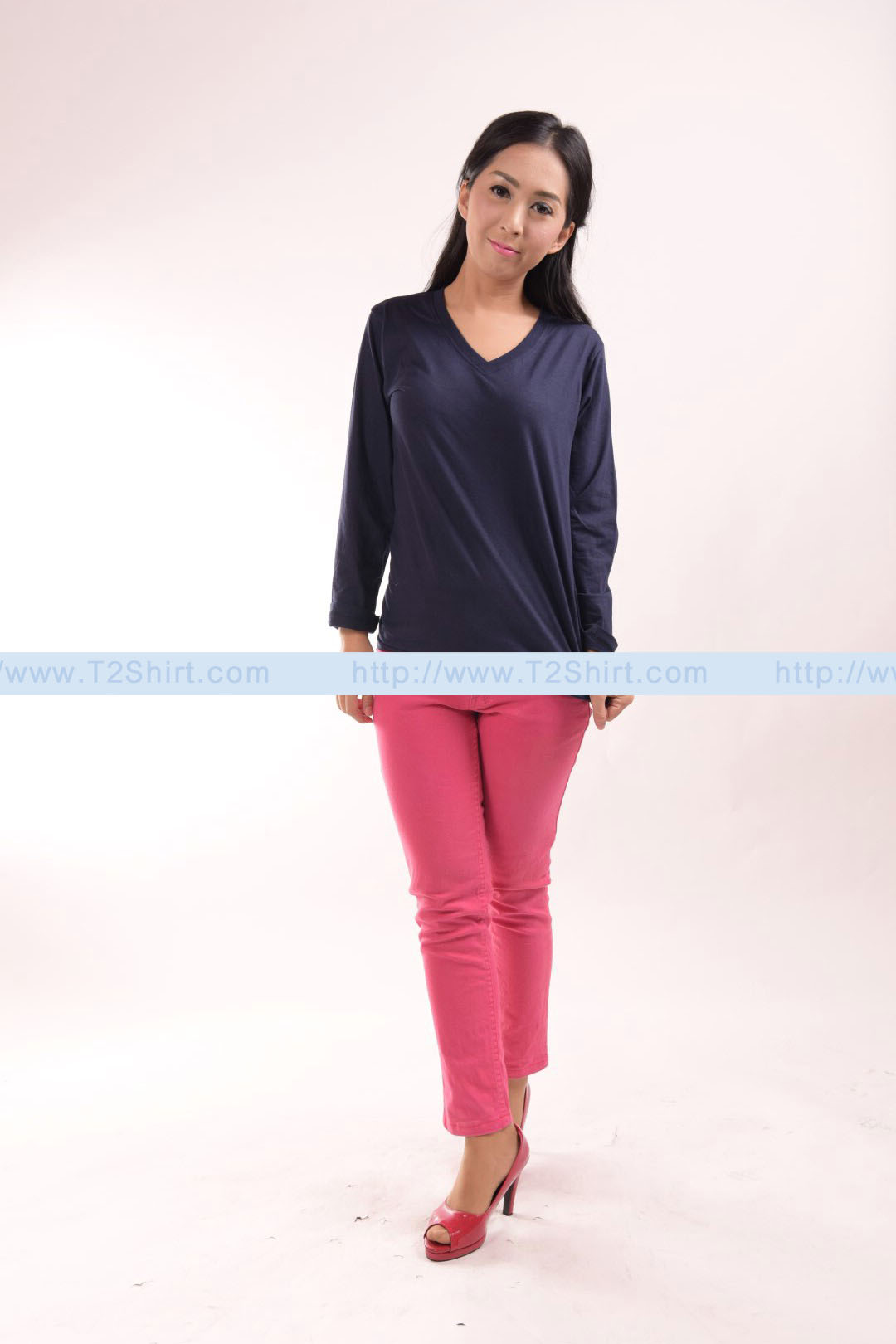 เสื้อยืด คอวี แขนยาว สีกรมท่า Size 4XL