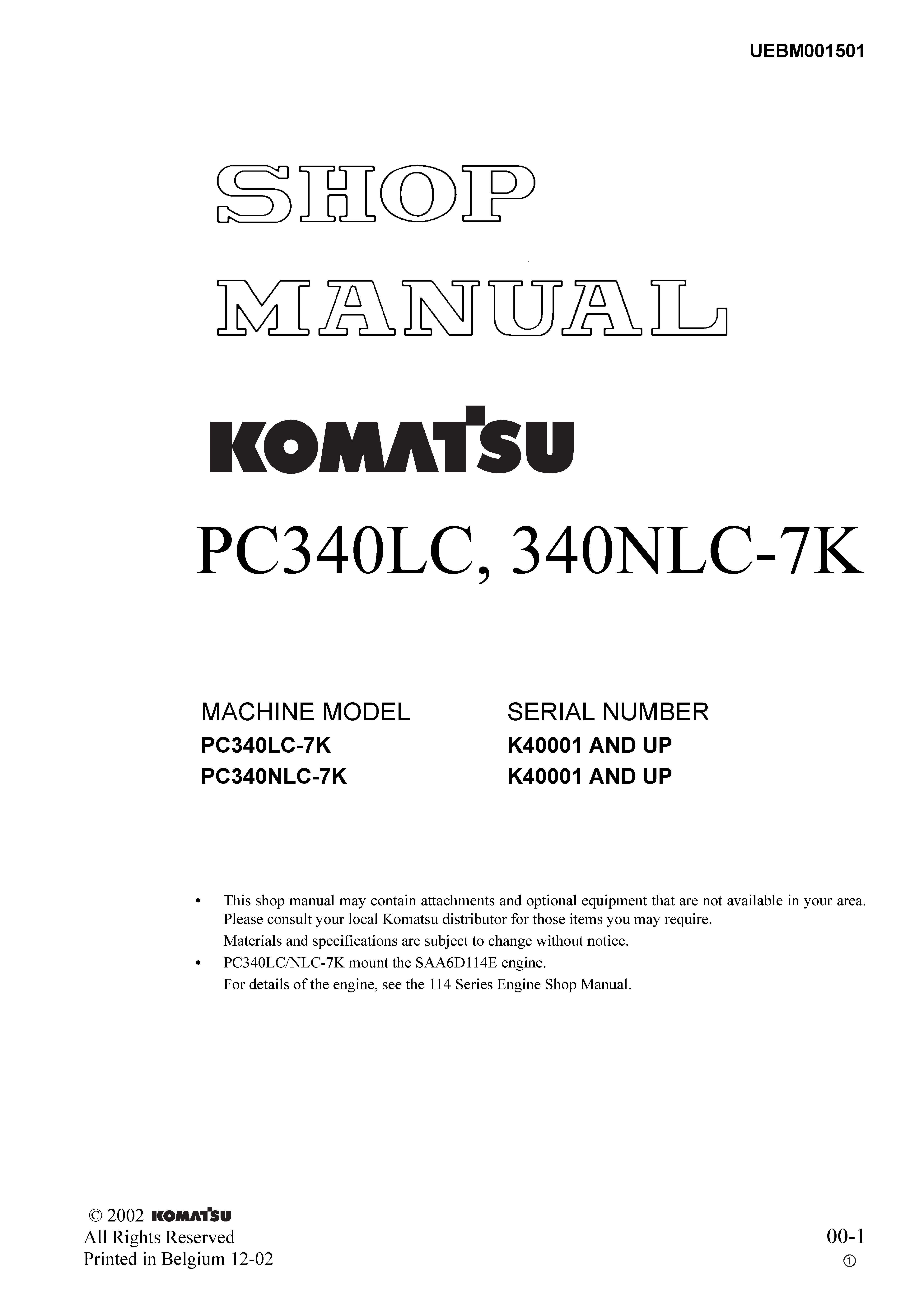 หนังสือ คู่มือซ่อม วงจรไฟฟ้า วงจรไฮดรอลิก จักรกลหนัก PC340LC-7K K40001 , PC340NLC-7K K40001 (ทั้งคัน) EN