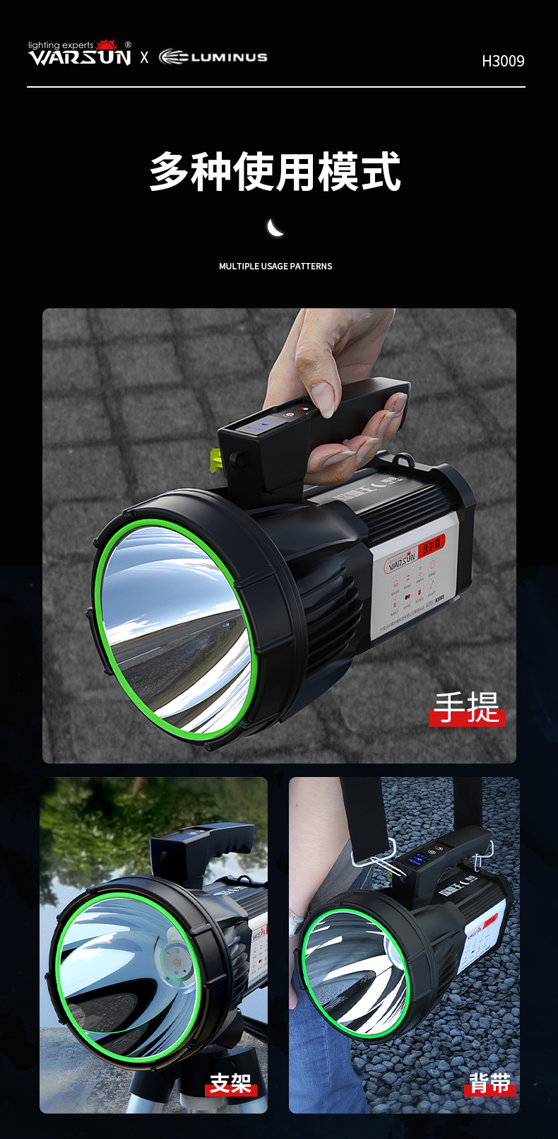 ไฟฉายสะพาย และจับถือ หลอด LED Luminus SST-40 H3009 B Edition พร้อมขาตั้ง พร้อมปลั๊กเสียบกับ USB