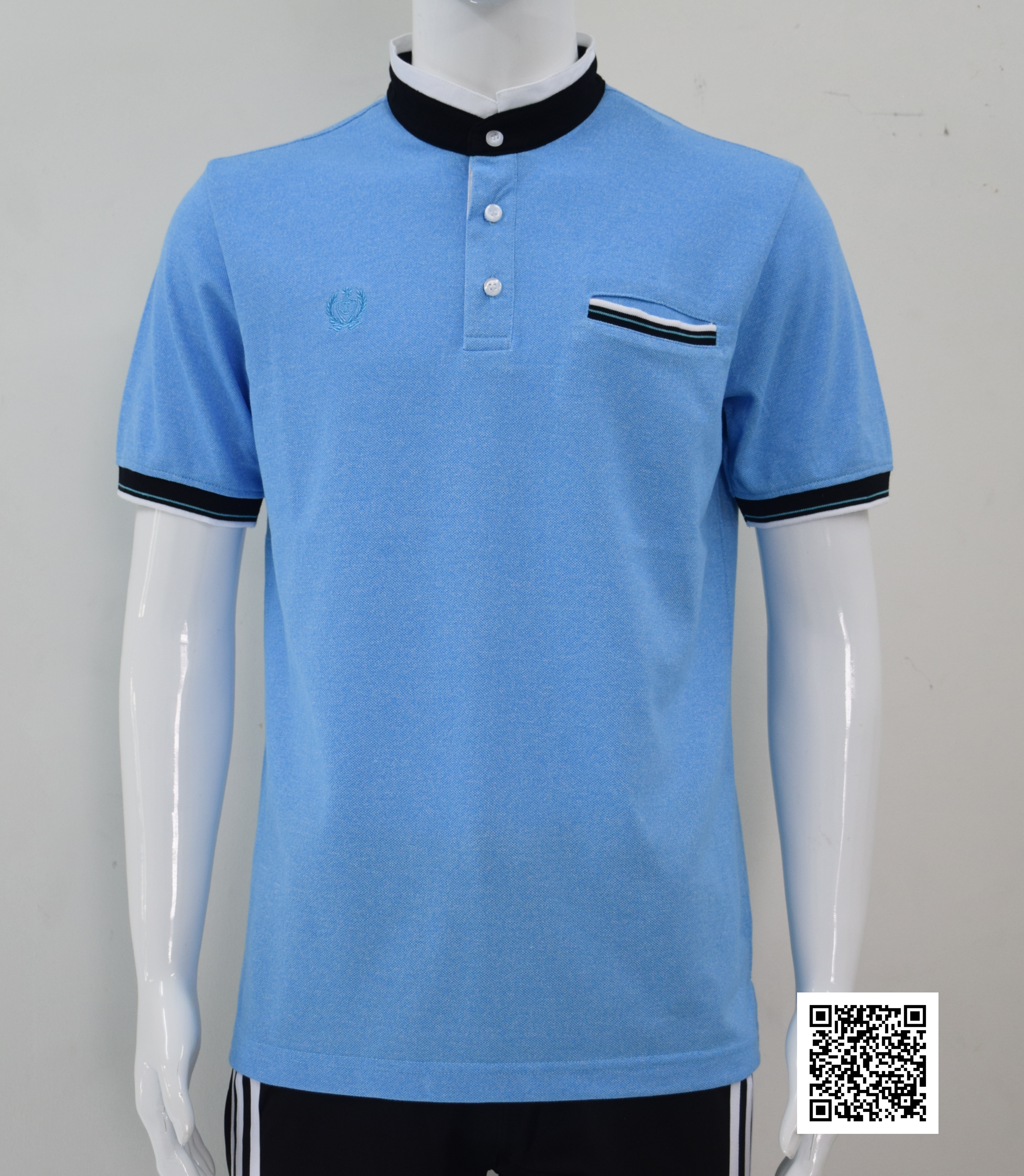 เสื้อโปโลผู้ชาย แขนสั้นสีฟ้า คอตั้ง คอจีน ผ้าค้อตต้อน คละไซร์ M-3XL งานสังผลิต