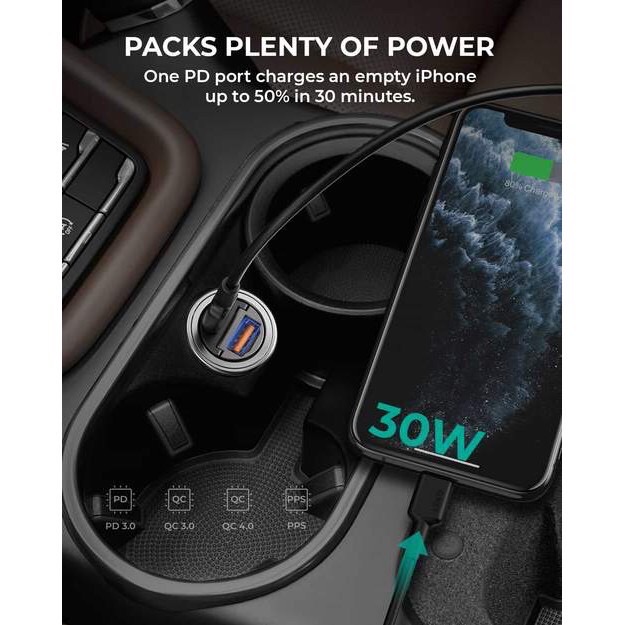 AUKEY CC-A3 ที่ชาร์จเร็วในรถ USB-C Power Delivery 30W Metal Dual Port Fast Car Charger with PPS รุ่น CC-A3