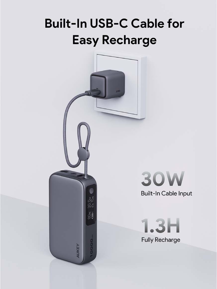 AUKEY PB-Y47 พาวเวอร์แบงค์ ชาร์จเร็ว Spark Sling 10000 Compact Fast Charging with Built-in-USB-C ( PD | PPS | 30W) Highlight