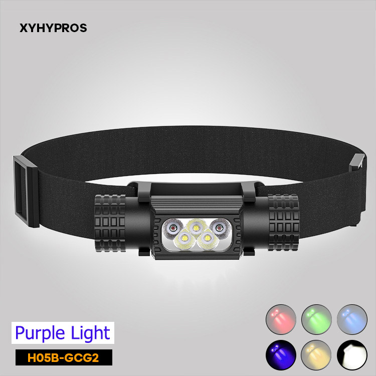 ไฟฉายคาดศีรษะแรงสูง XYHWPROS แบบ 3 หลอด G2 พร้อมแสงสีม่วง 2 หลอด รุ่น H05B-GCG2 พร้อมแบตเตอรี่ 18650 2 ก้อน ขนาด 2000 mah