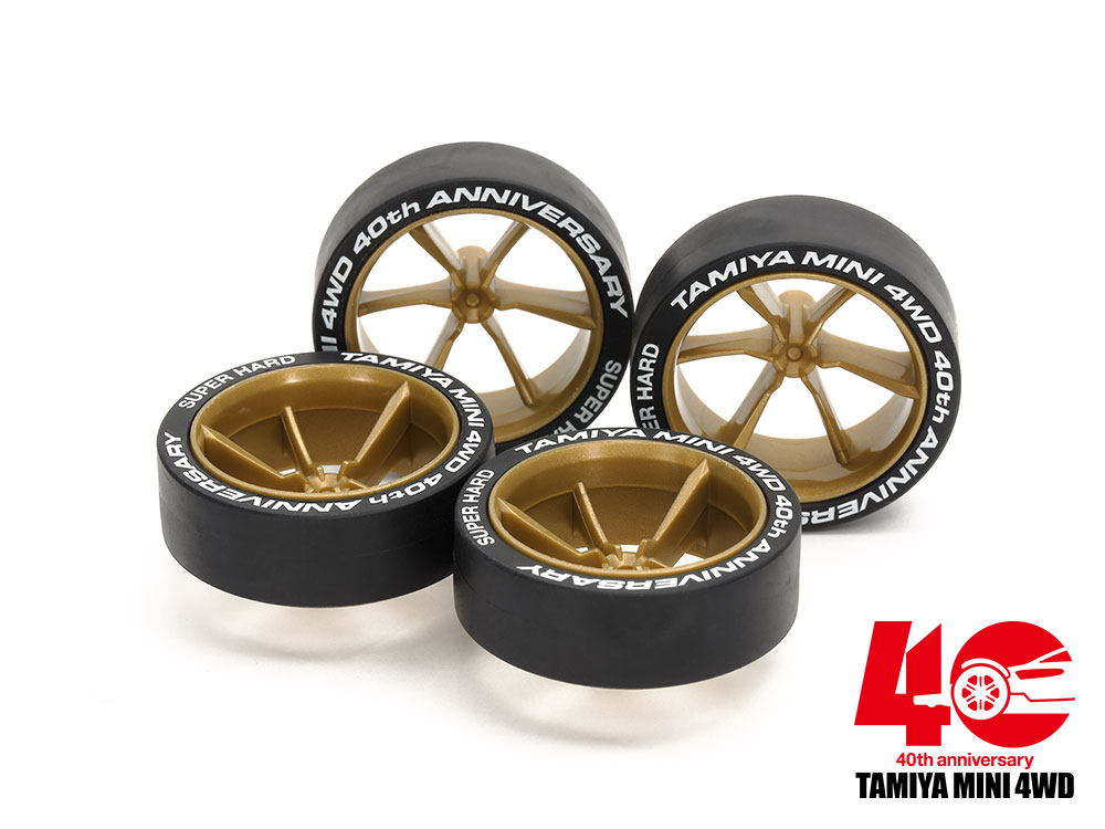 95639 Tamiya Mini 4 WD 40th Anniversary Super Hard Large Dia. Low-Profile Tire & Wheel Set (6-Spoke)