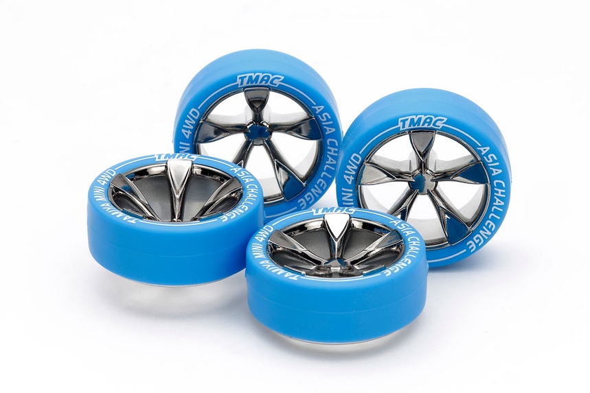 95654 Tamiya Mini 4WD Low-Profile Tire (Blue) & Black Plated 5-Spoke Wheel Set (Asia Challenge)