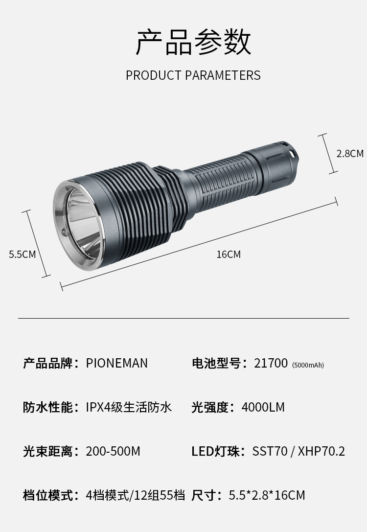ไฟฉายแรงสูงขนาดกลาง Pioneman U8A Titanium หลอด SST70 , 4000 LM
