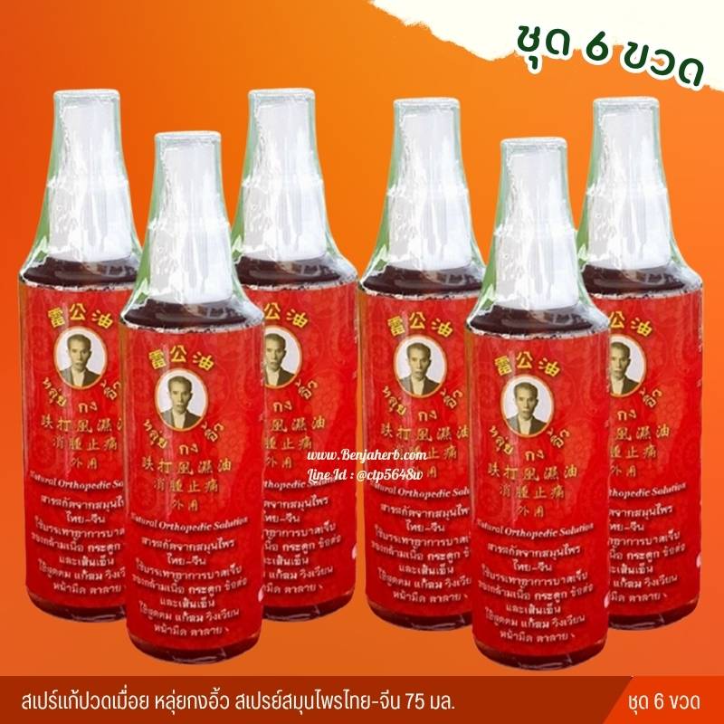 ชุด 6 ขวด/สเปรย์สมุนไพรไทย-จีน "หลุ่ยกงอิ้ว" สเปร์แก้ปวดเมื่อย 75 มล.