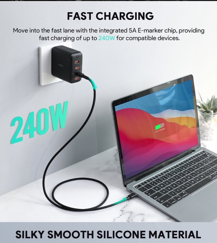สายชาร์จ AUKEY CB-SCC242 Circlet Blink 240W ชาร์จเร็ว 5A แบบ USB C to USB – C PD Cable รุ่น CB-SCC242