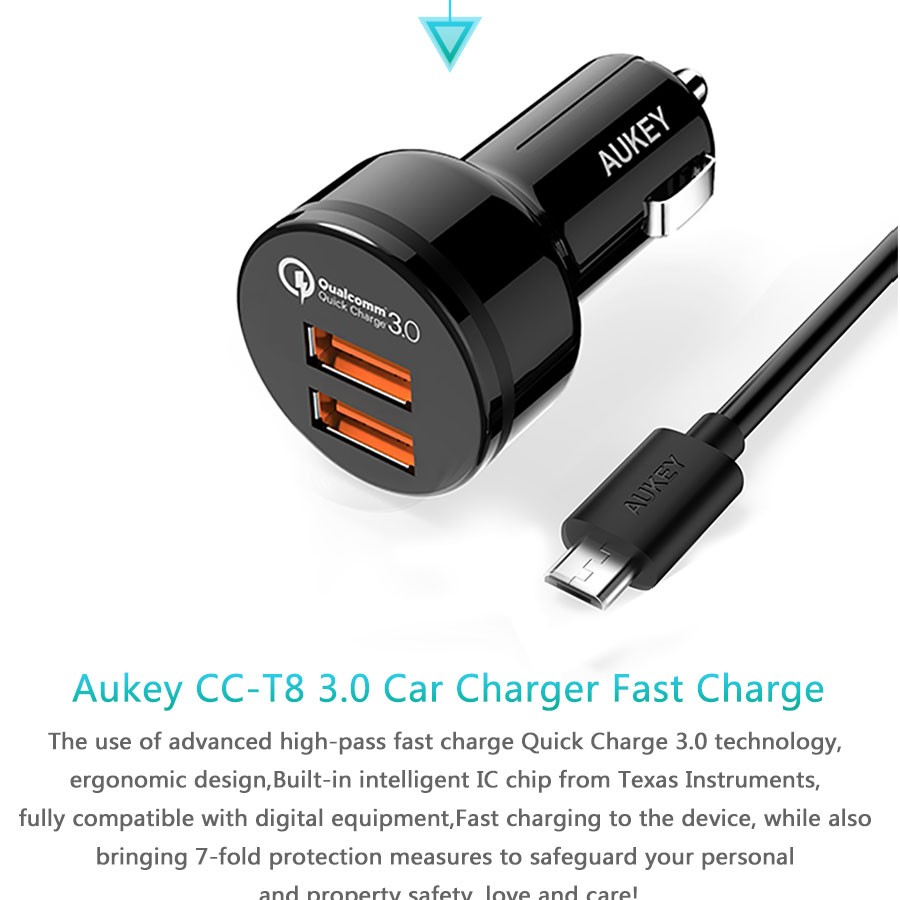 ที่ชาร์จในรถ Aukey 2-Port USB Car Charger with PowerAll (QC 3.0 + QC 2.0 + AIPower) + แถมสาย Aukey USB (CC-T8)