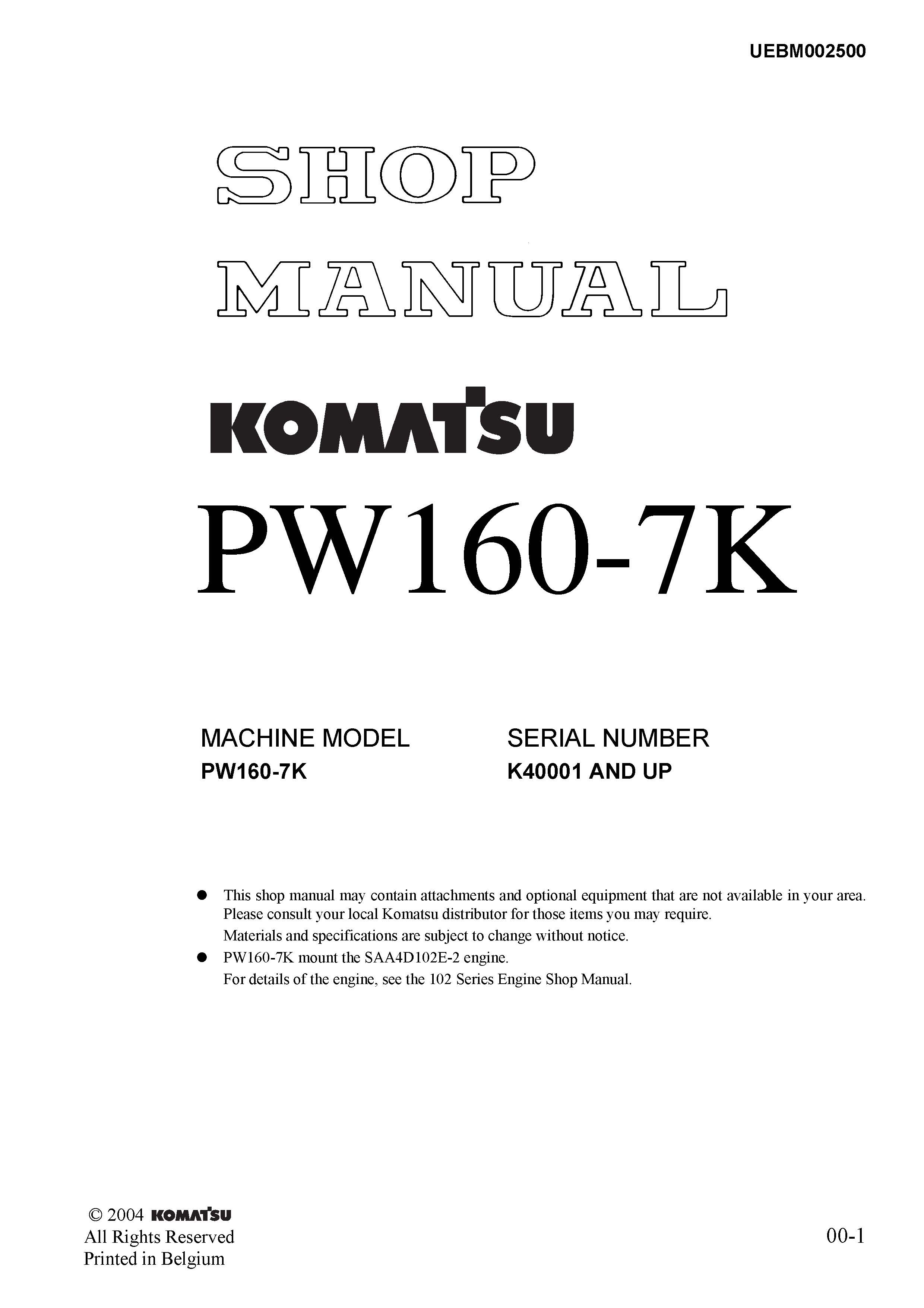 หนังสือ คู่มือซ่อม โอเวอร์ฮอล วงจรไฟฟ้า วงจรไฮดรอลิก จักรกลหนัก PW160-7K K40001 (ทั้งคัน) EN