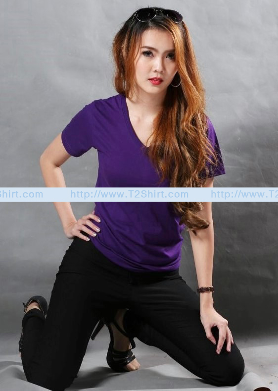 เสื้อยืด คอวี แขนสั้น สีม่วงเข้ม Size 4XL