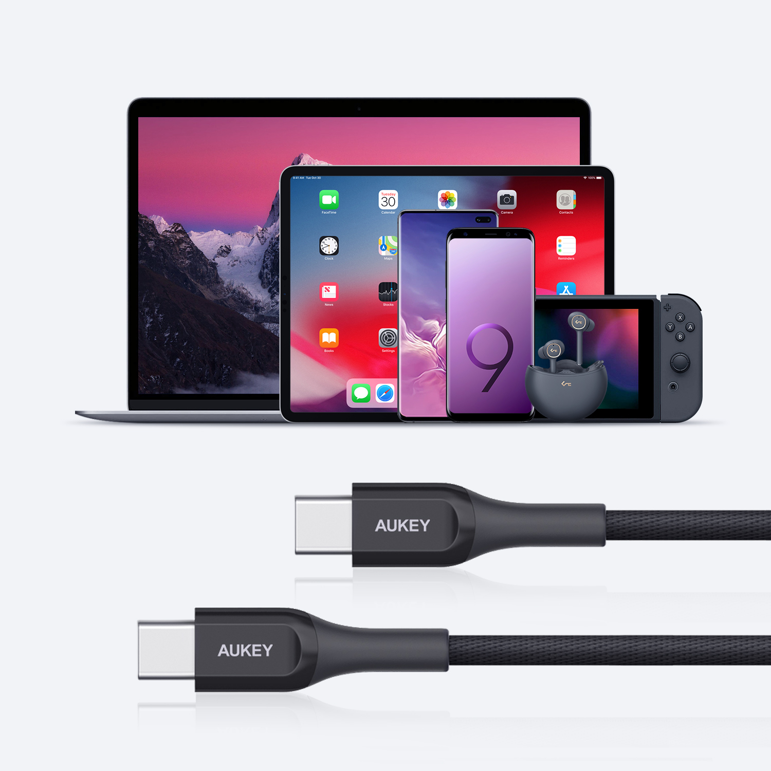 สายชาร์จเร็ว AUKEY CB-AKC4 USB C TO USB C QUICK CHARGE 3.0 KEVLAR (สายชาร์จ USB-C TO USB-C | PD | QC3.0 | 60W | 2M) - BLACK