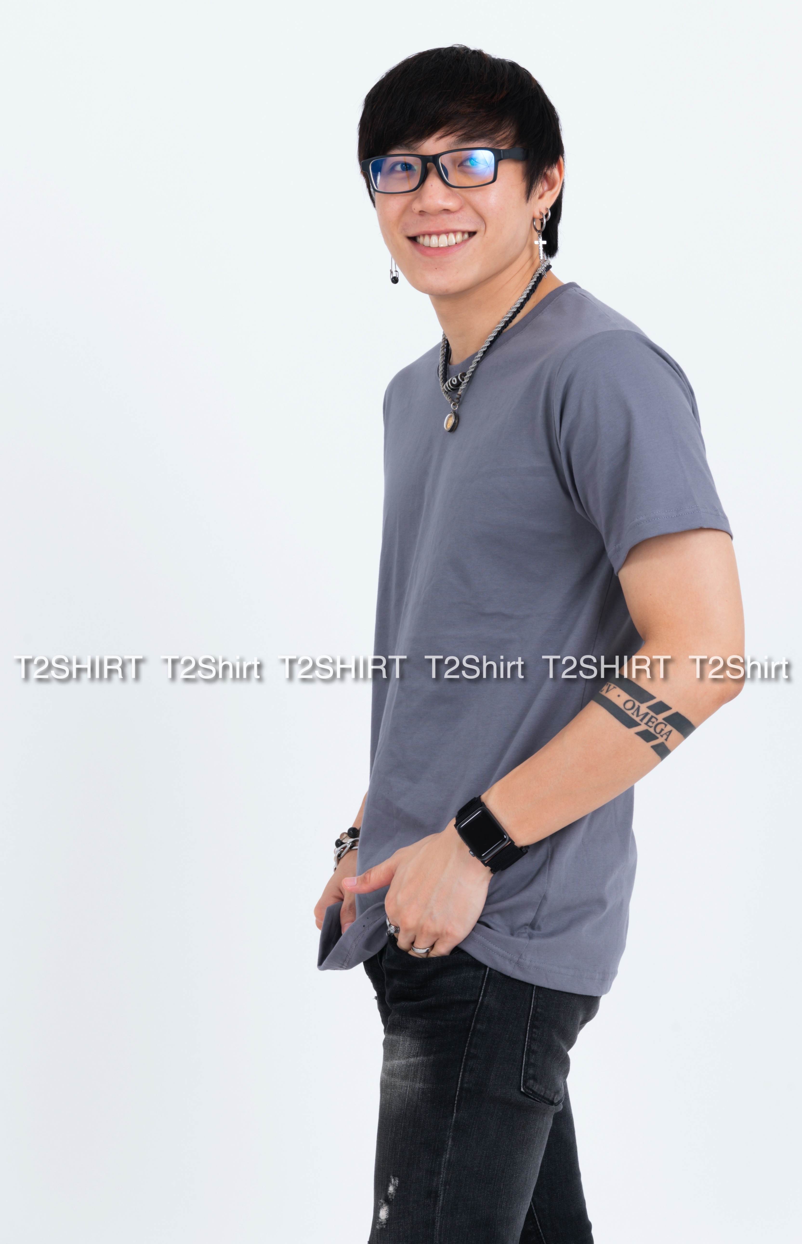เสื้อยืด คอกลม แขนสั้น สีเทาอ่อน Size 4XL