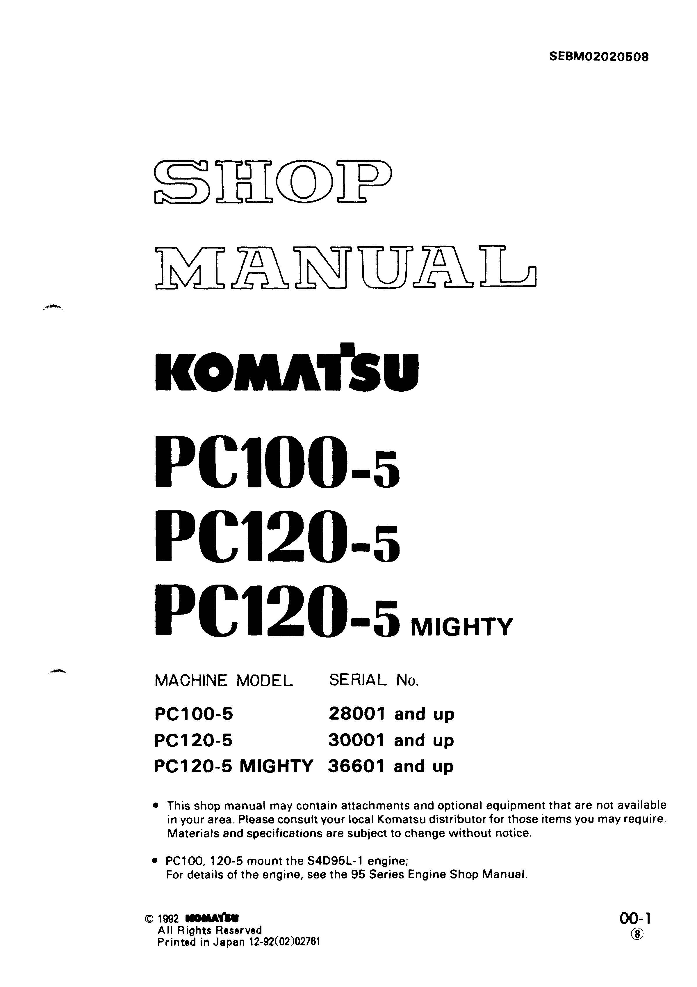 หนังสือ คู่มือซ่อม วงจรไฟฟ้า วงจรไฮดรอลิก จักรกลหนัก KOMATSU PC100-5, PC120-5, PC120-5 MIGHTY (ทั้งคัน) EN