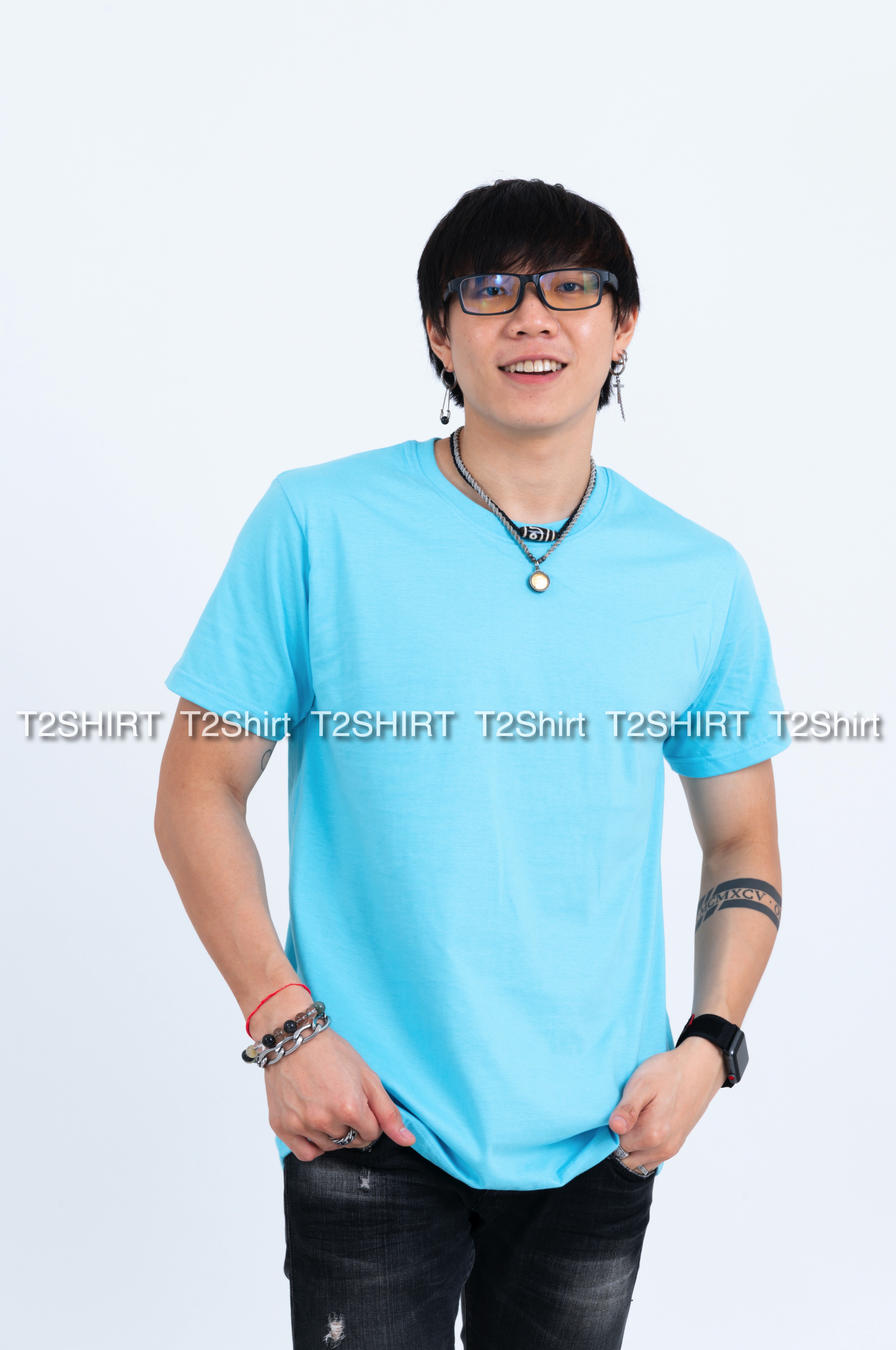 เสื้อยืด คอกลม แขนสั้น สีฟ้าอ่อน Size 2XL
