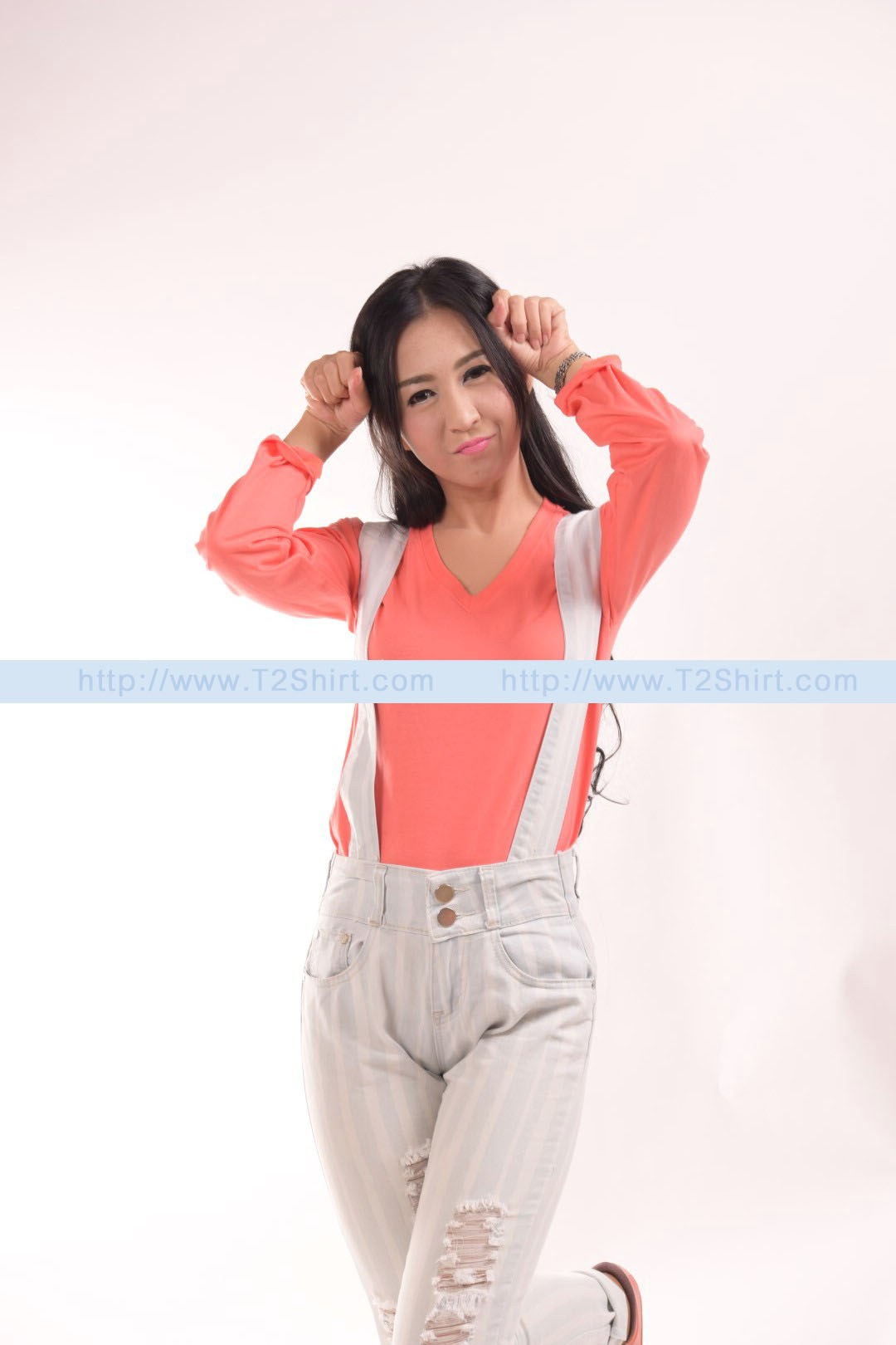 เสื้อยืด คอวี แขนยาว สีโอลด์โรส Size XL