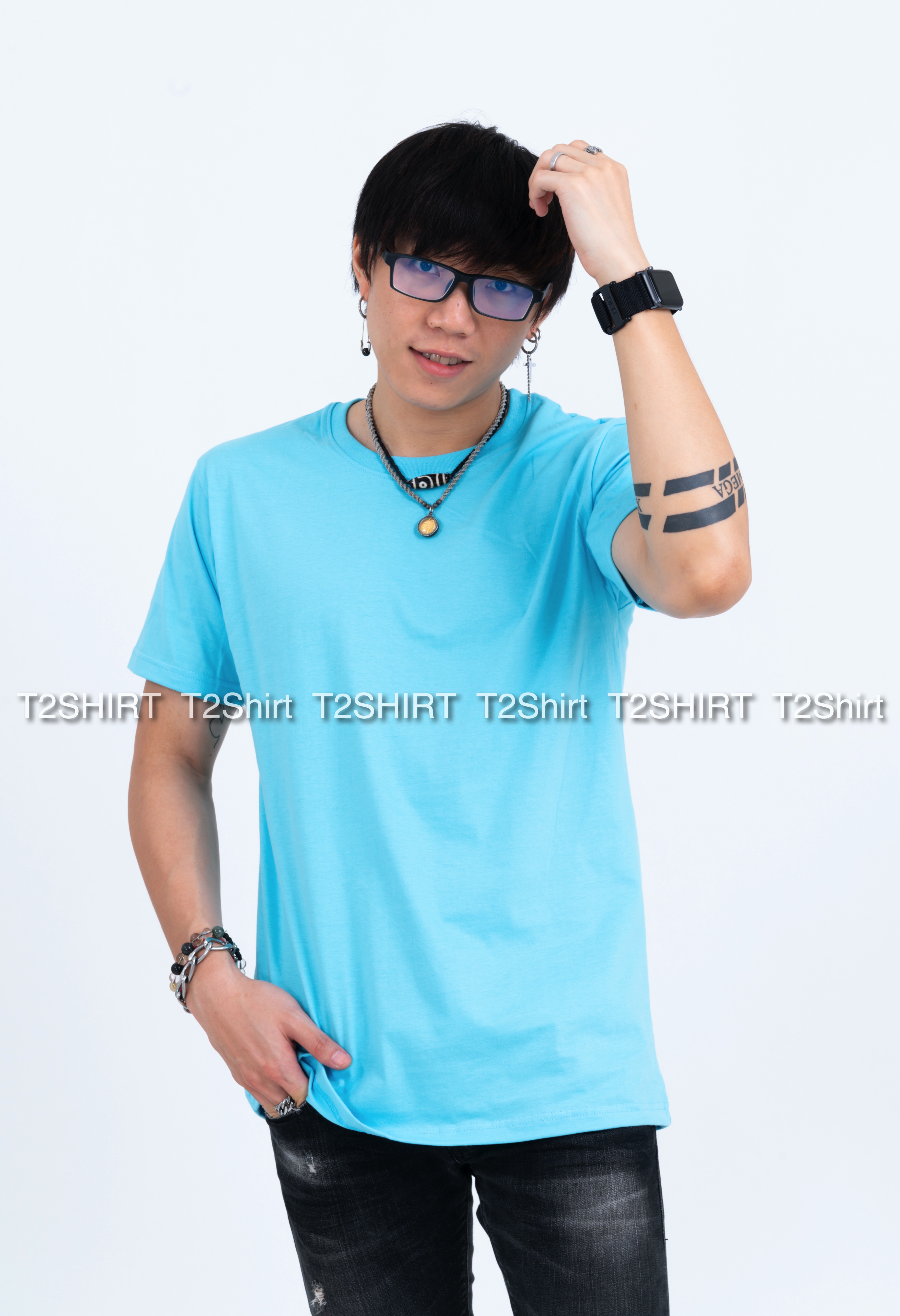 เสื้อยืด คอกลม แขนสั้น สีฟ้าอ่อน Size M